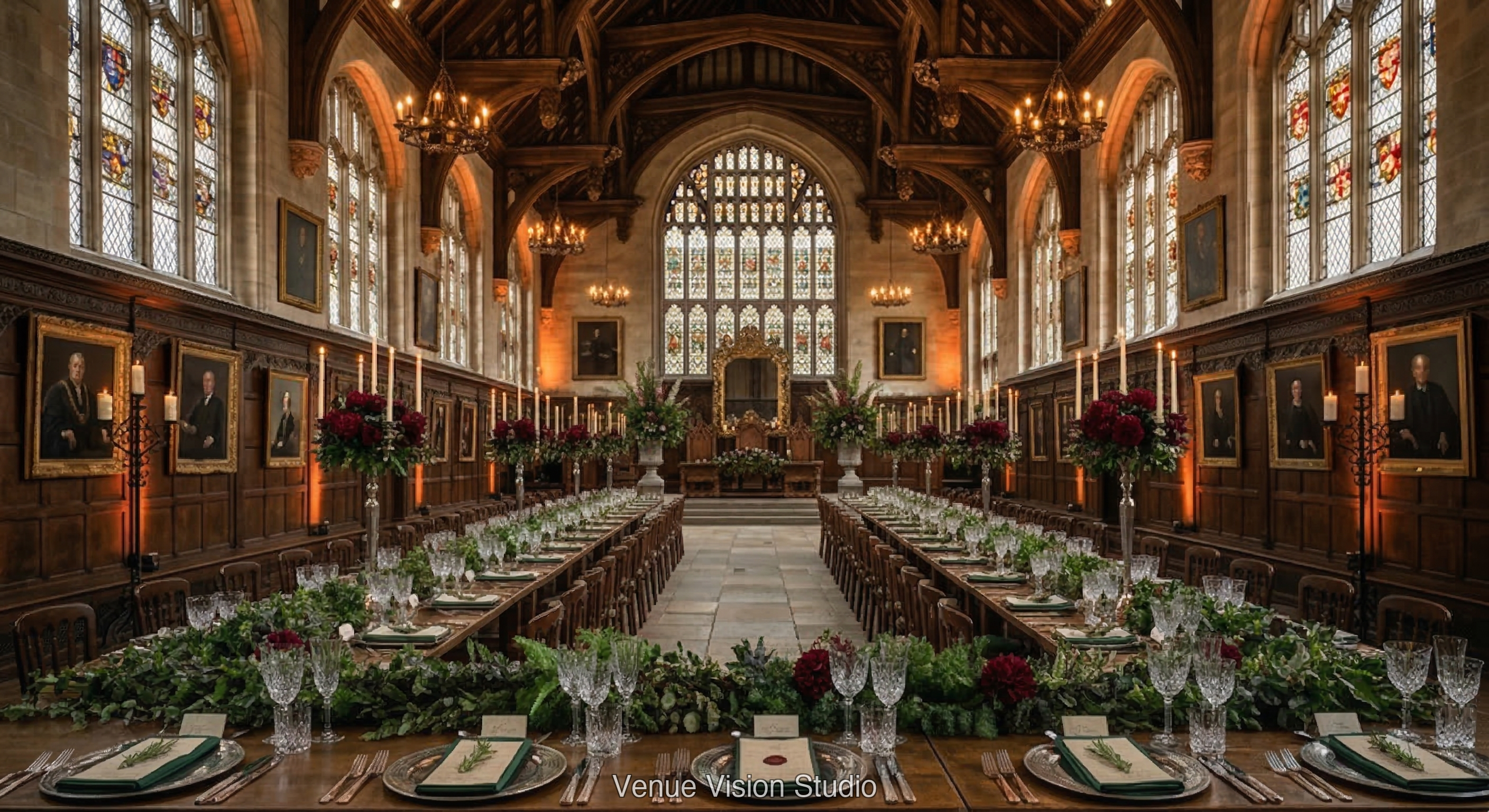 Ashstone University - Great Hall - Classic Wealth wedding theme - AI Visualisation