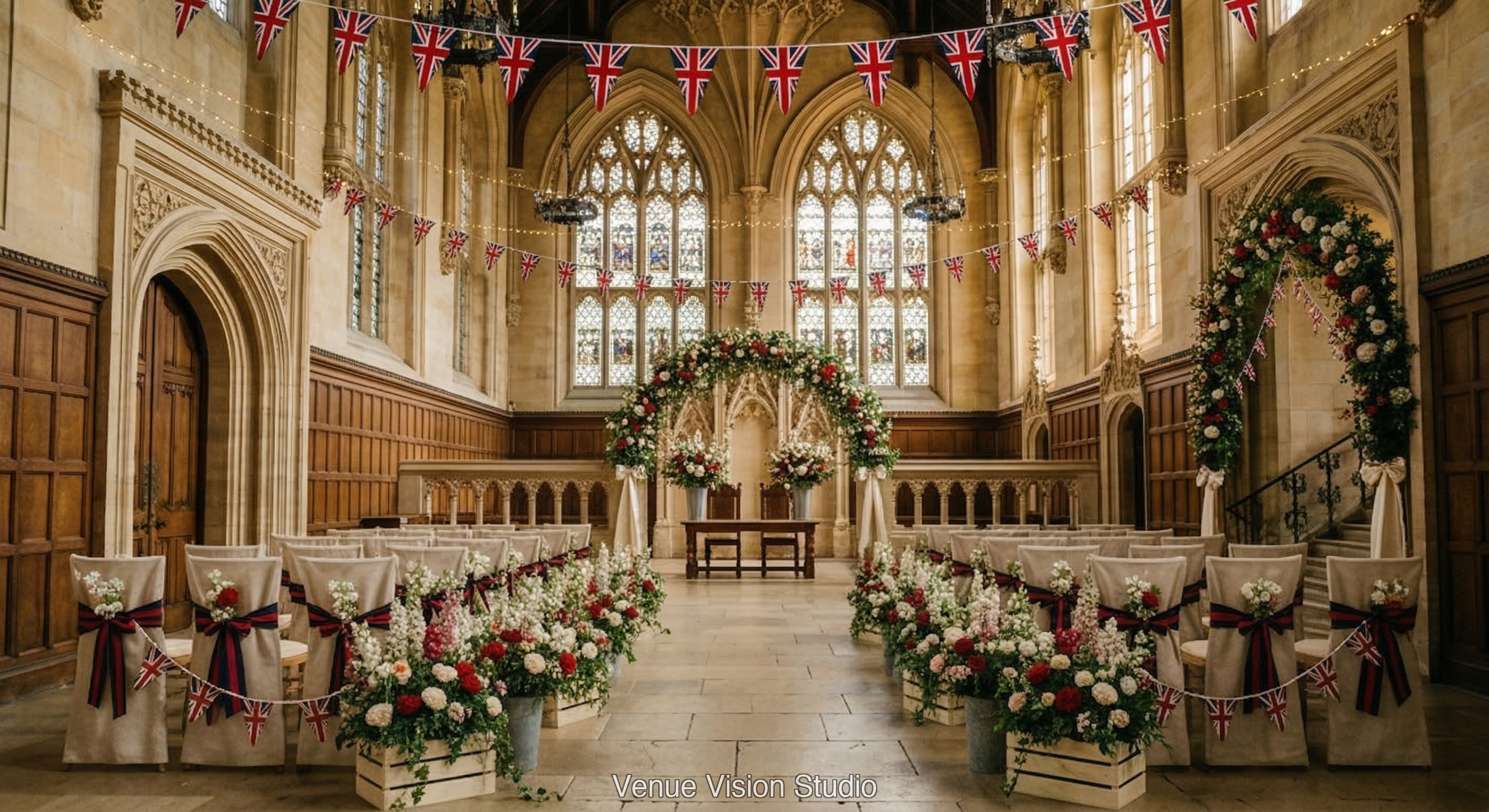 Ashstone University - Ceremony Room - Great British Garden Party wedding theme - AI Visualisation