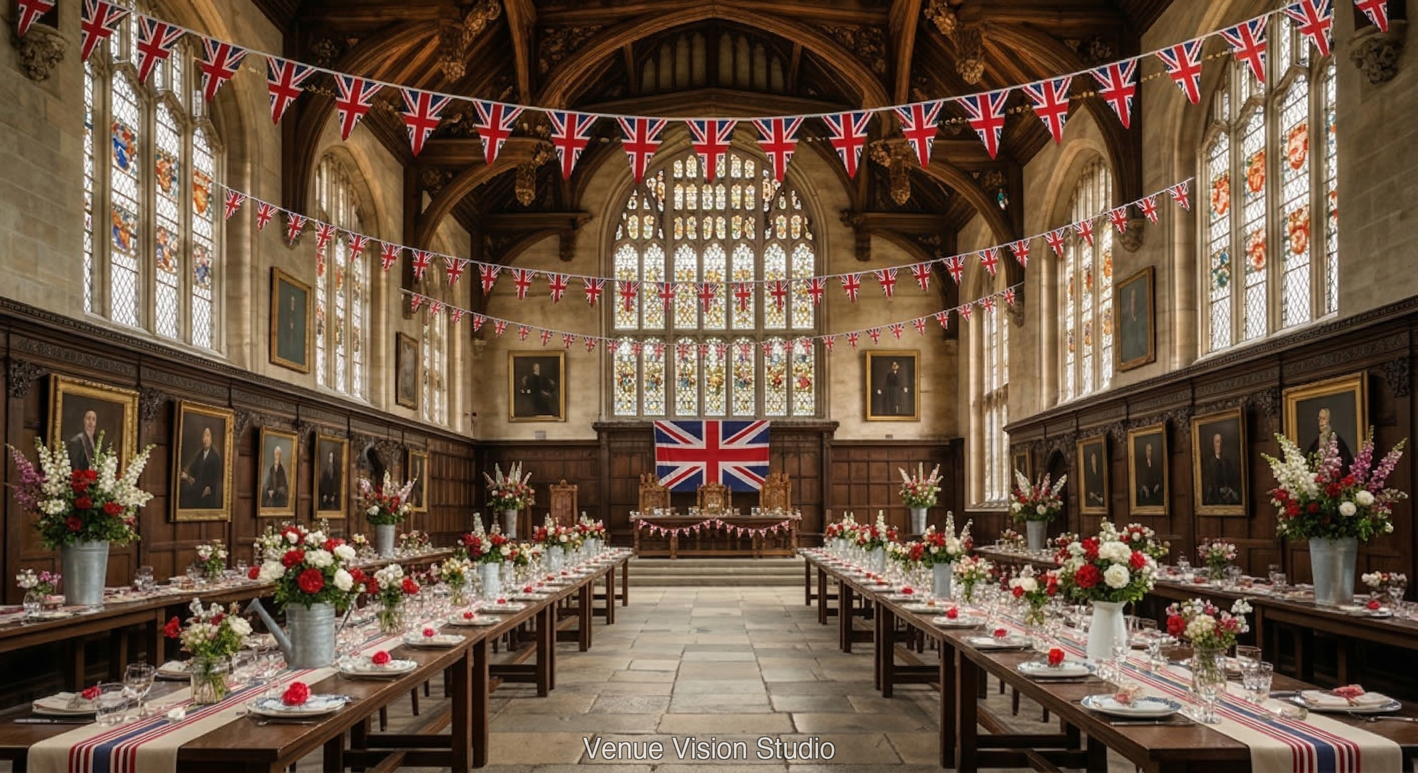 Ashstone University - Great Hall - Great British Garden Party wedding theme - AI Visualisation