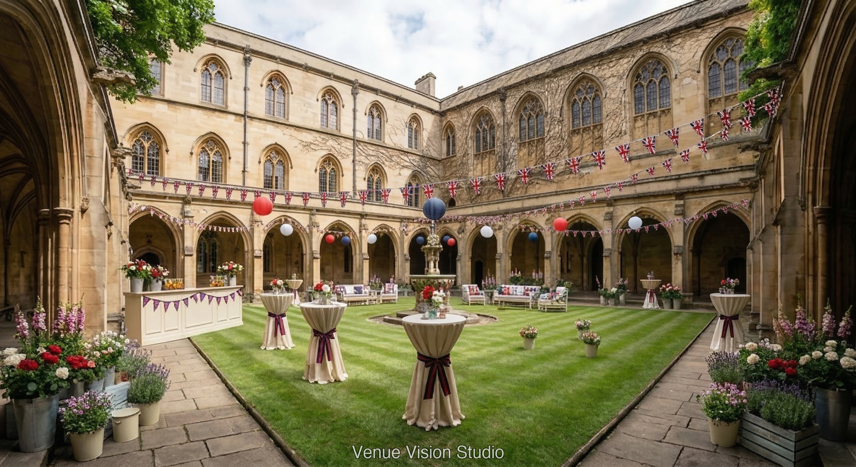 Ashstone University - Outdoor Space - Great British Garden Party wedding theme - AI Visualisation