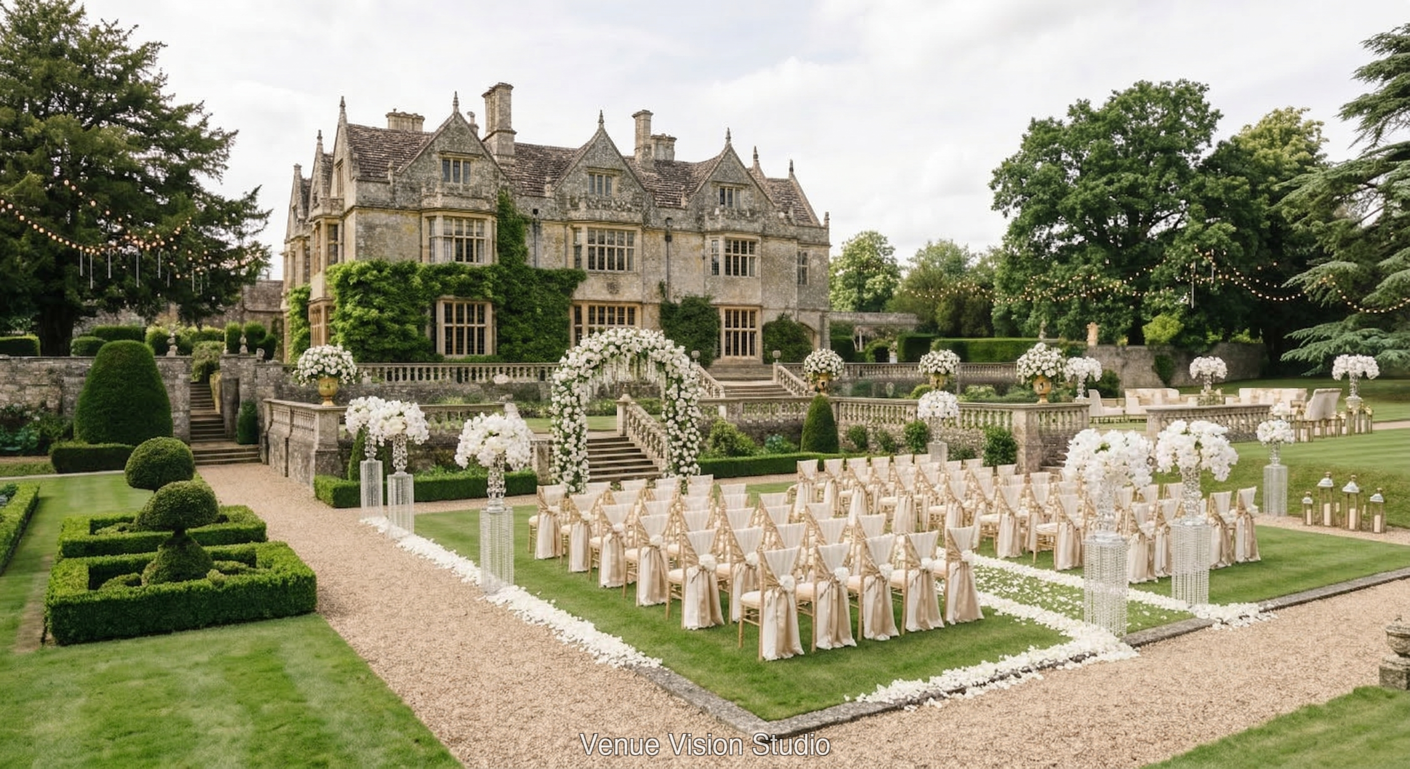 Ashworth Manor - Outdoor Space - Black Tie Opulence wedding theme - AI Visualisation