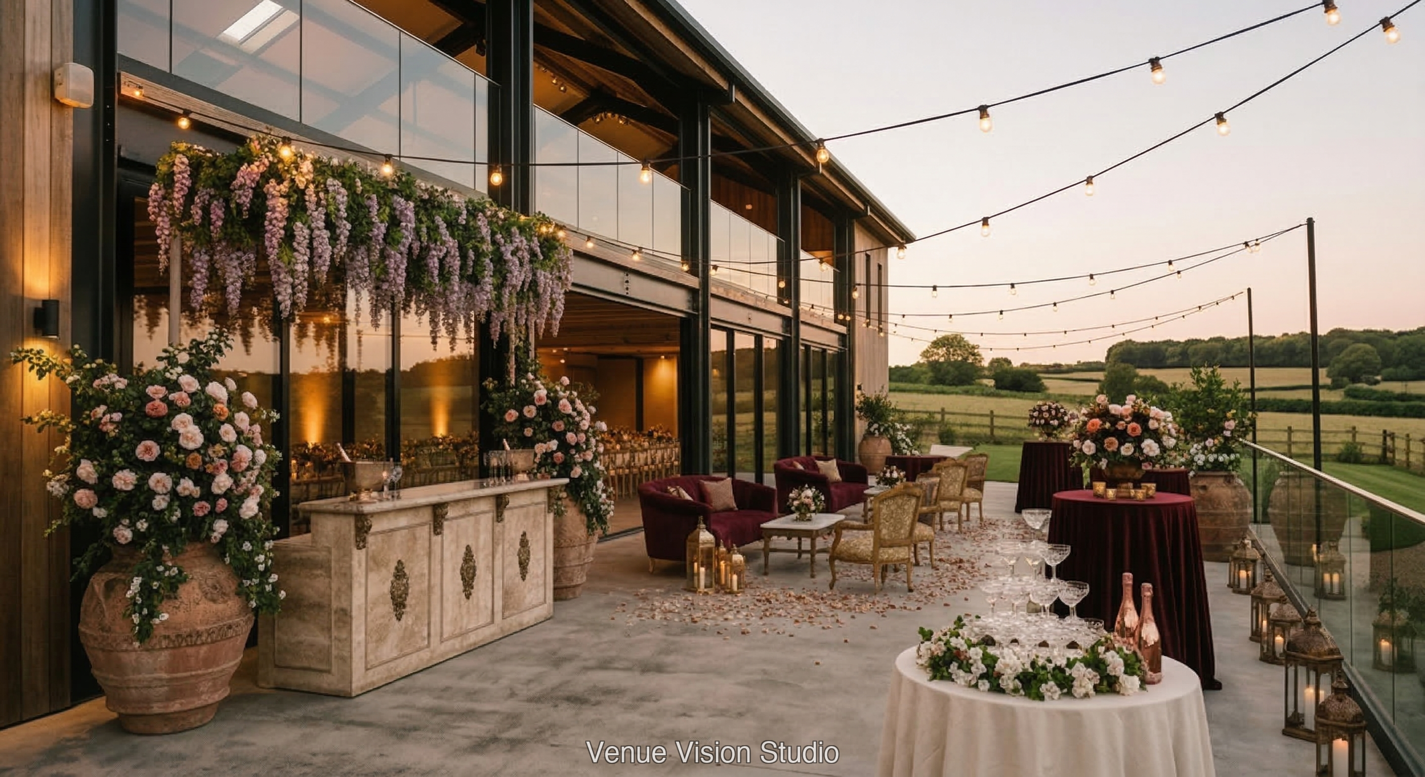 Clearview Barn - Outdoor Drinks Reception - Alta Moda wedding theme - AI Visualisation