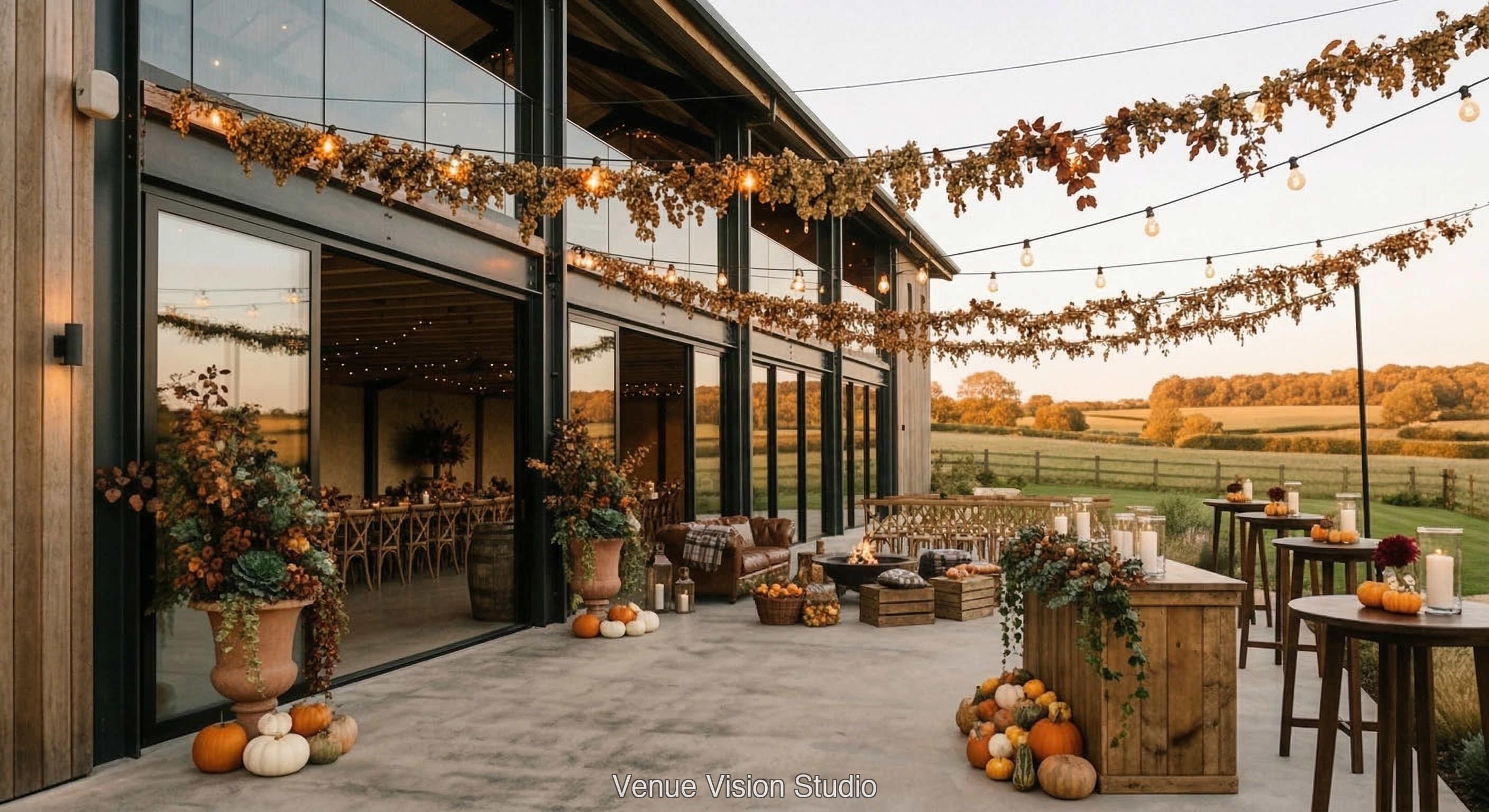 Clearview Barn - Outdoor Drinks Reception - Autumn Harvest wedding theme - AI Visualisation