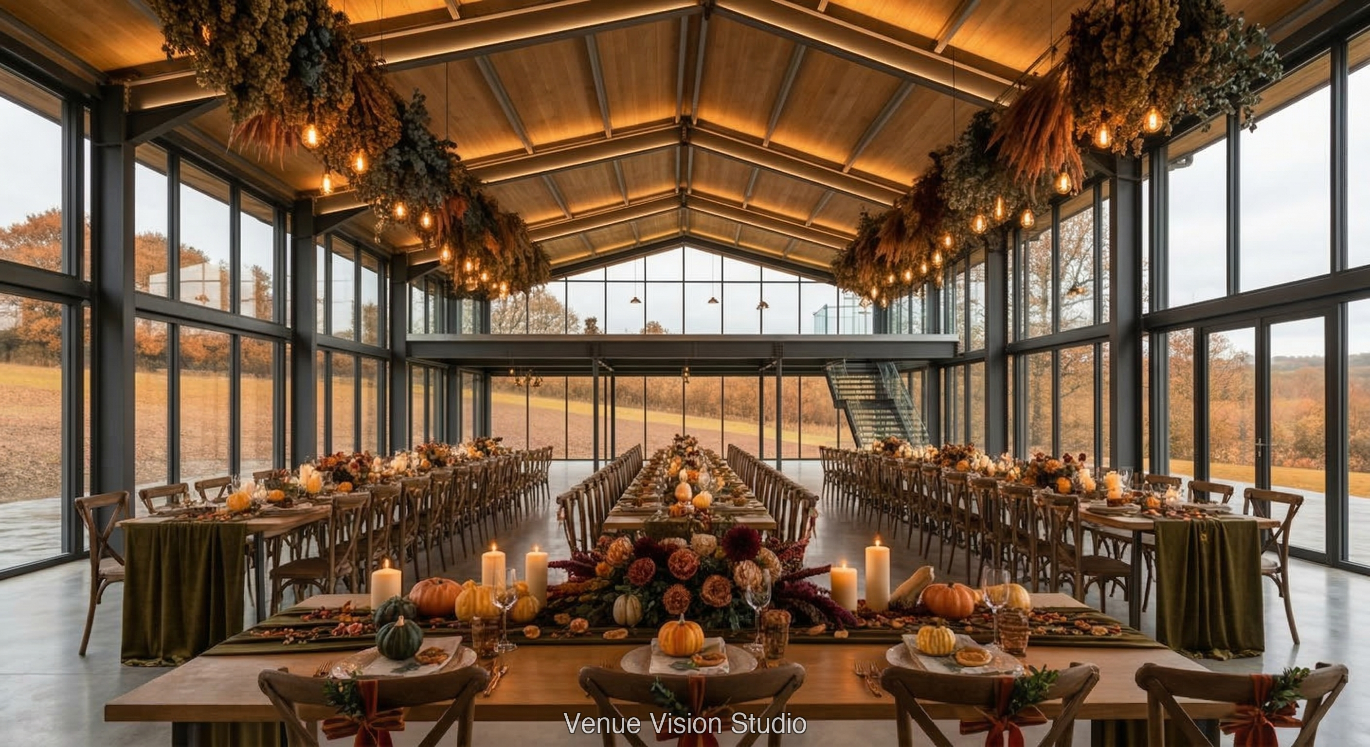 Clearview Barn - Reception Room - Autumn Harvest wedding theme - AI Visualisation