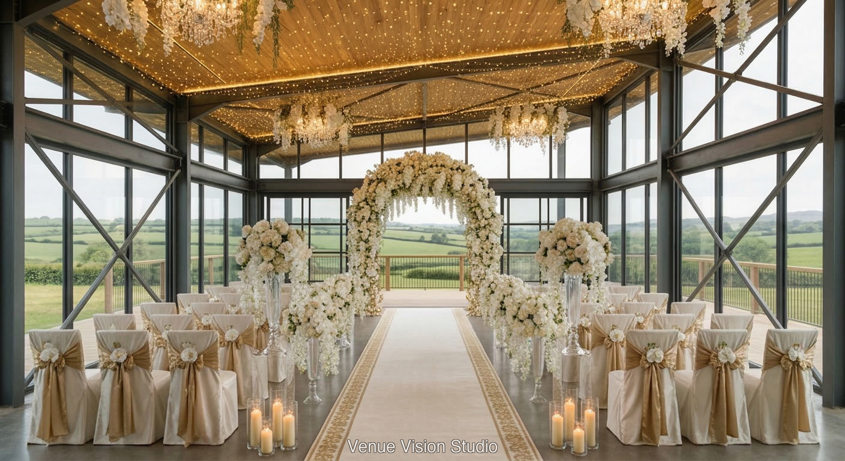 Clearview Barn - Ceremony Room - Black Tie Opulence wedding theme - AI Visualisation