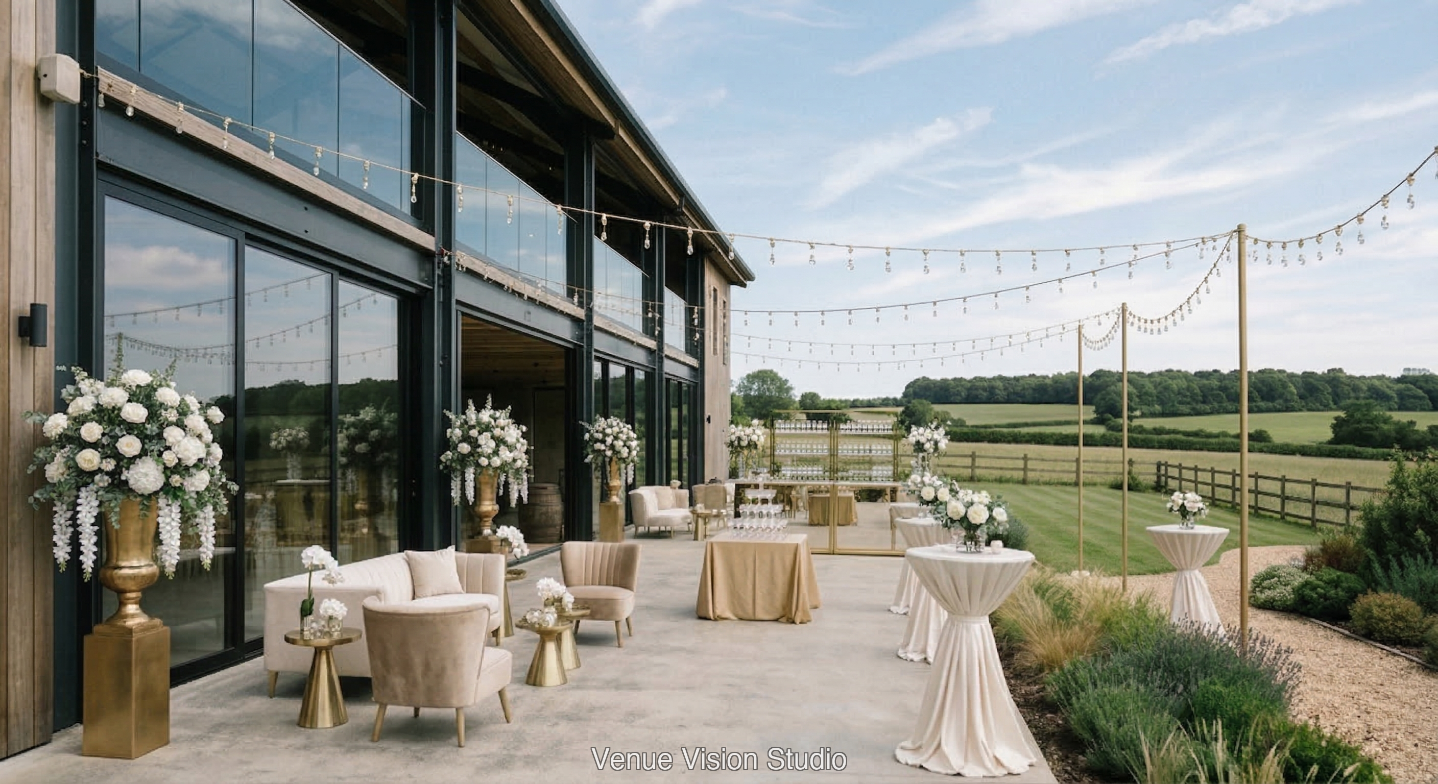 Clearview Barn - Outdoor Drinks Reception - Black Tie Opulence wedding theme - AI Visualisation
