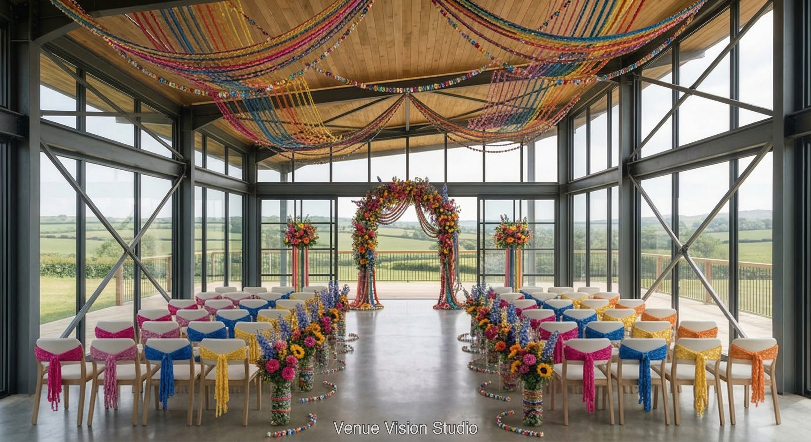 Clearview Barn - Ceremony Room - Friendship Bracelet wedding theme - AI Visualisation