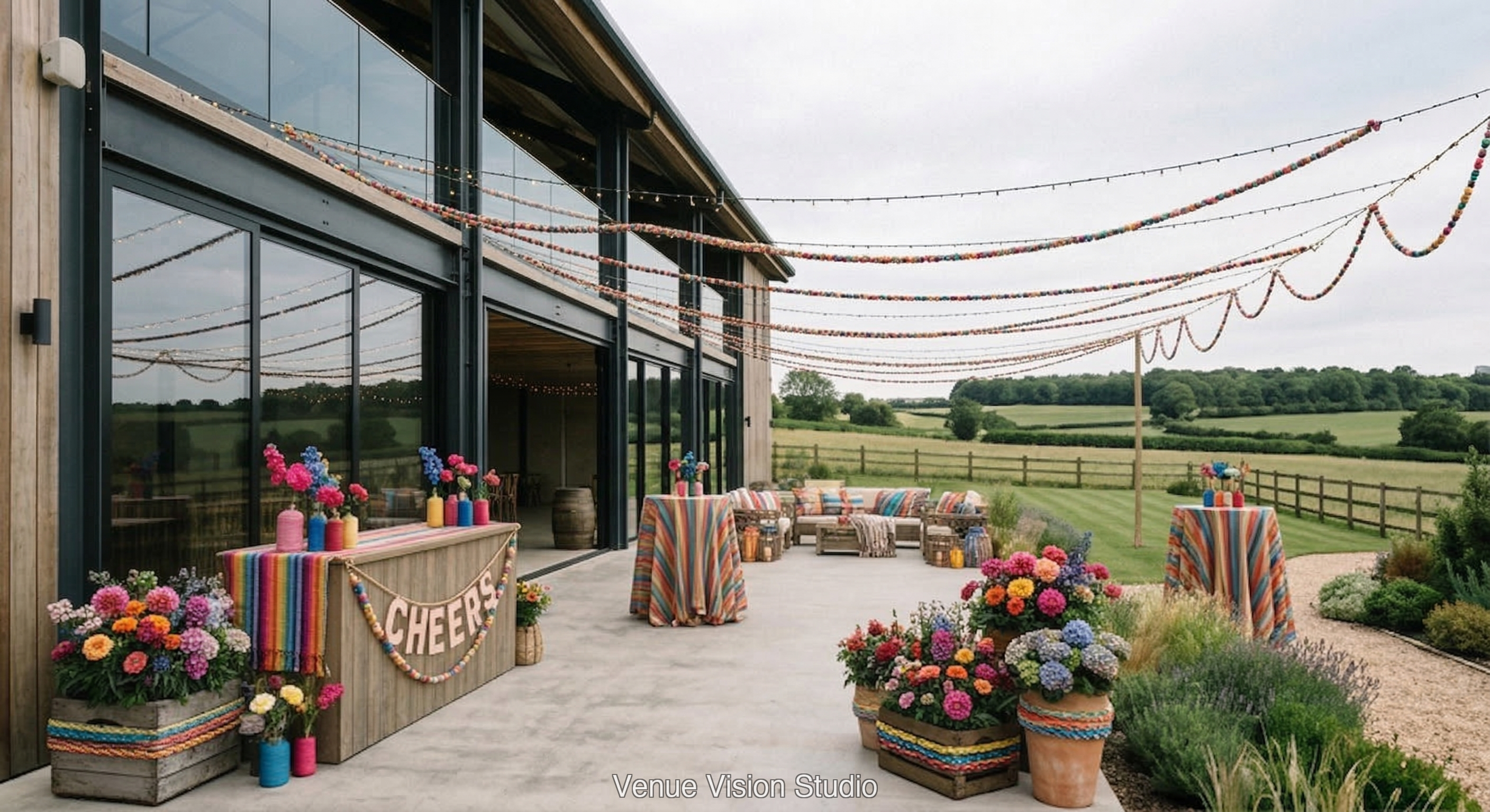 Clearview Barn - Outdoor Drinks Reception - Friendship Bracelet wedding theme - AI Visualisation
