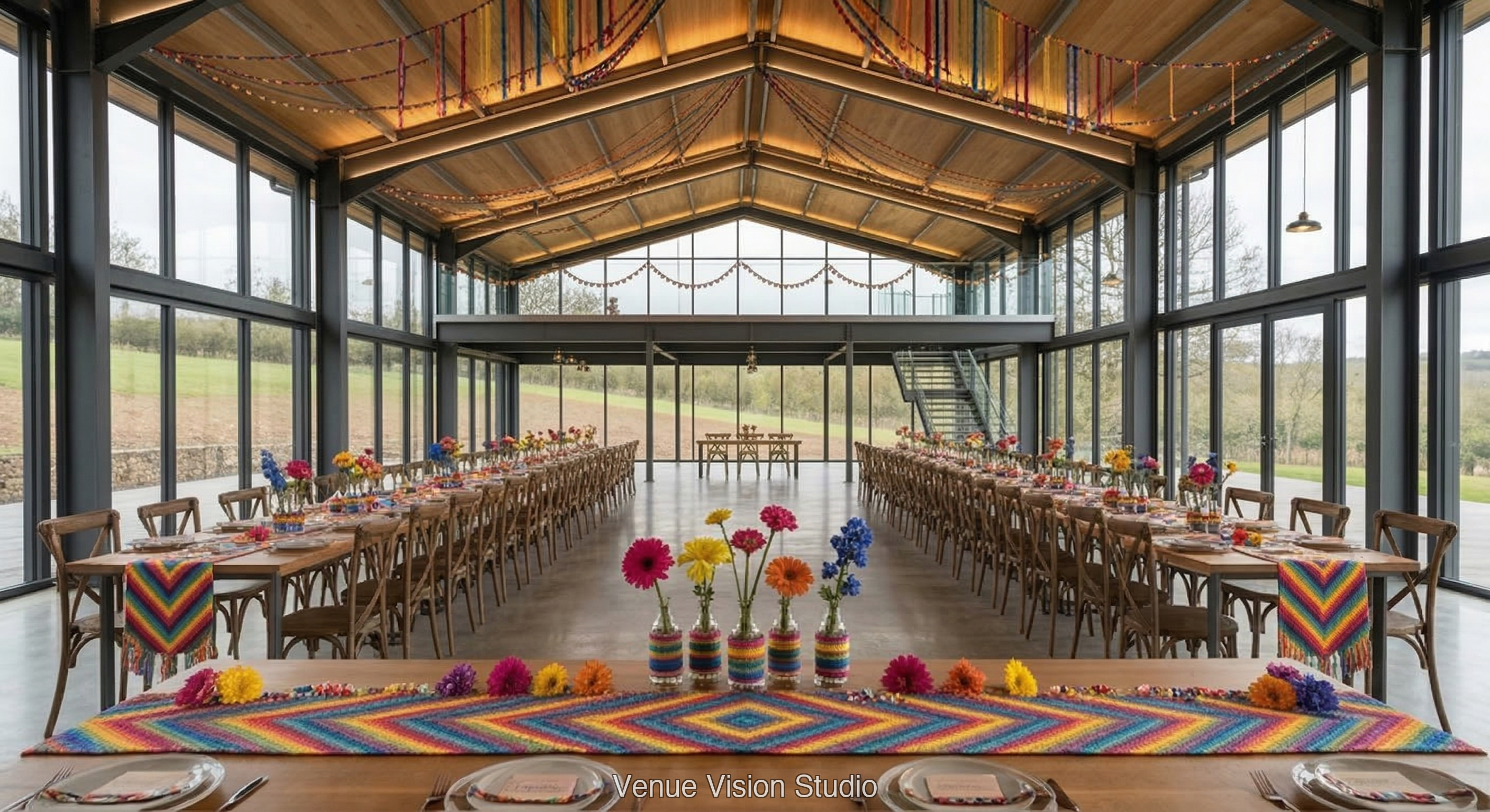 Clearview Barn - Reception Room - Friendship Bracelet wedding theme - AI Visualisation
