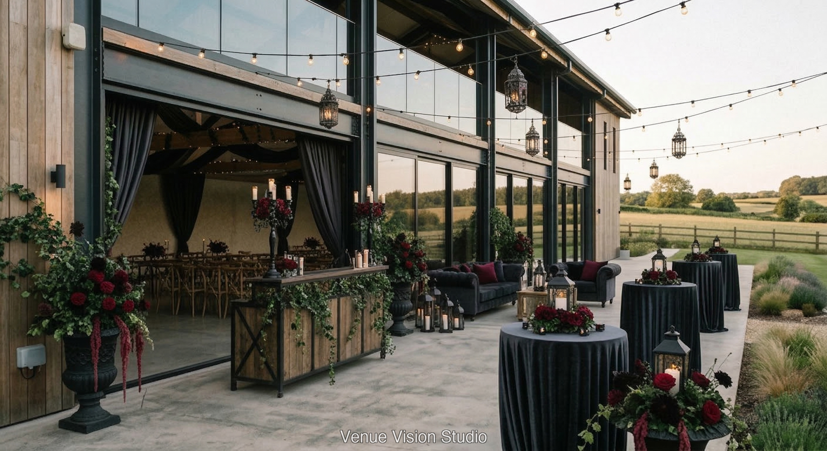 Clearview Barn - Outdoor Drinks Reception - Gothic Wedding wedding theme - AI Visualisation