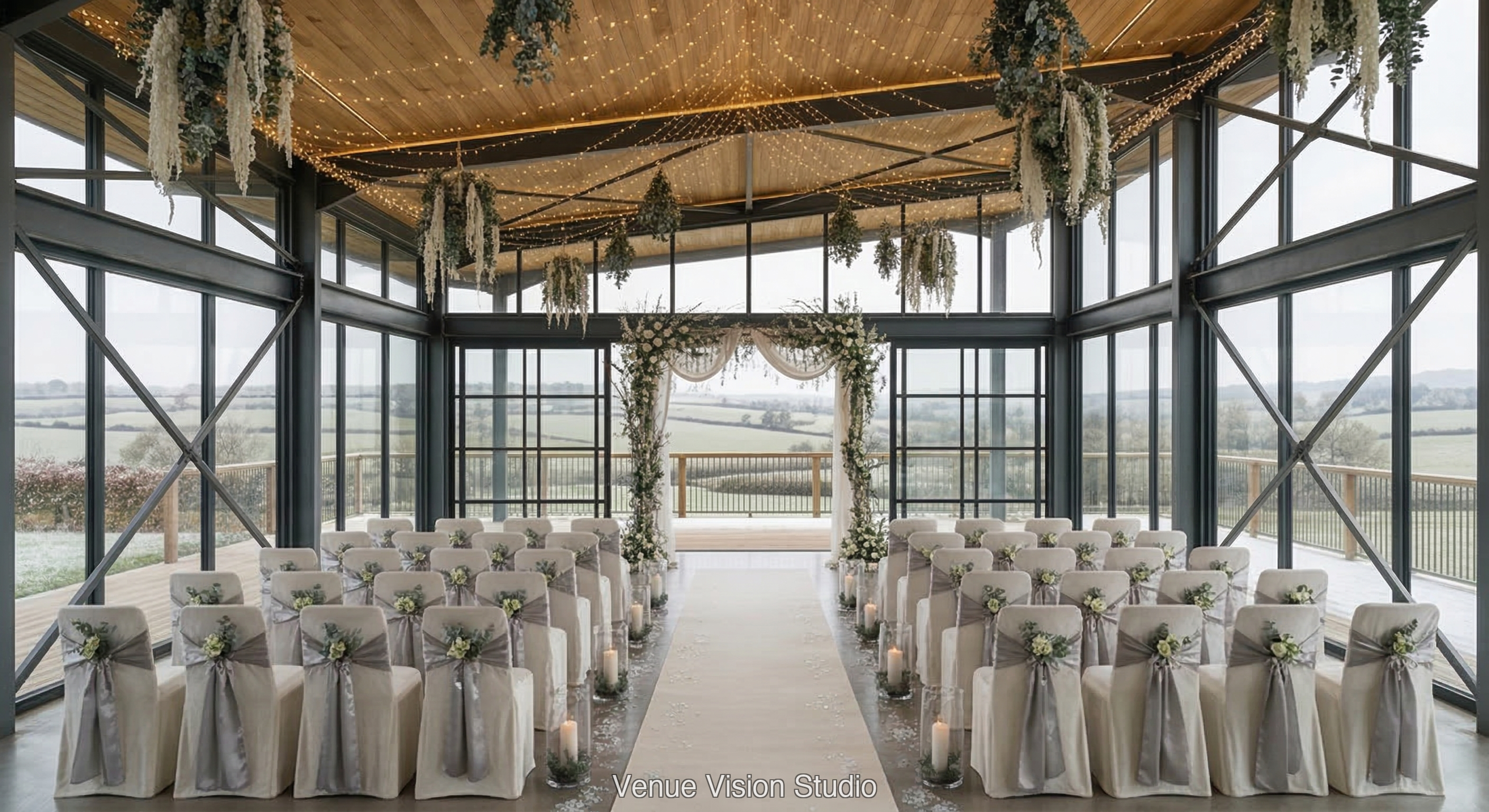 Clearview Barn - Ceremony Room - Winter Wonderland wedding theme - AI Visualisation