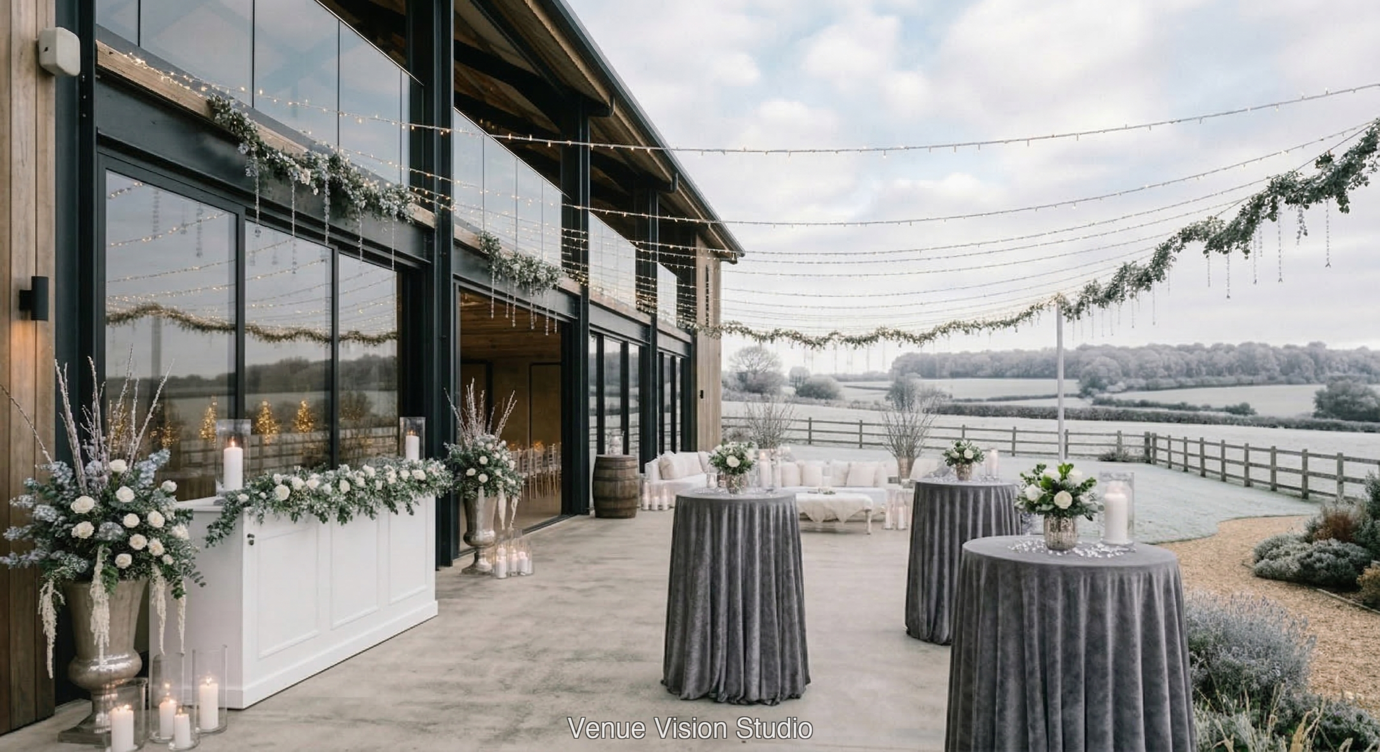 Clearview Barn - Outdoor Drinks Reception - Winter Wonderland wedding theme - AI Visualisation