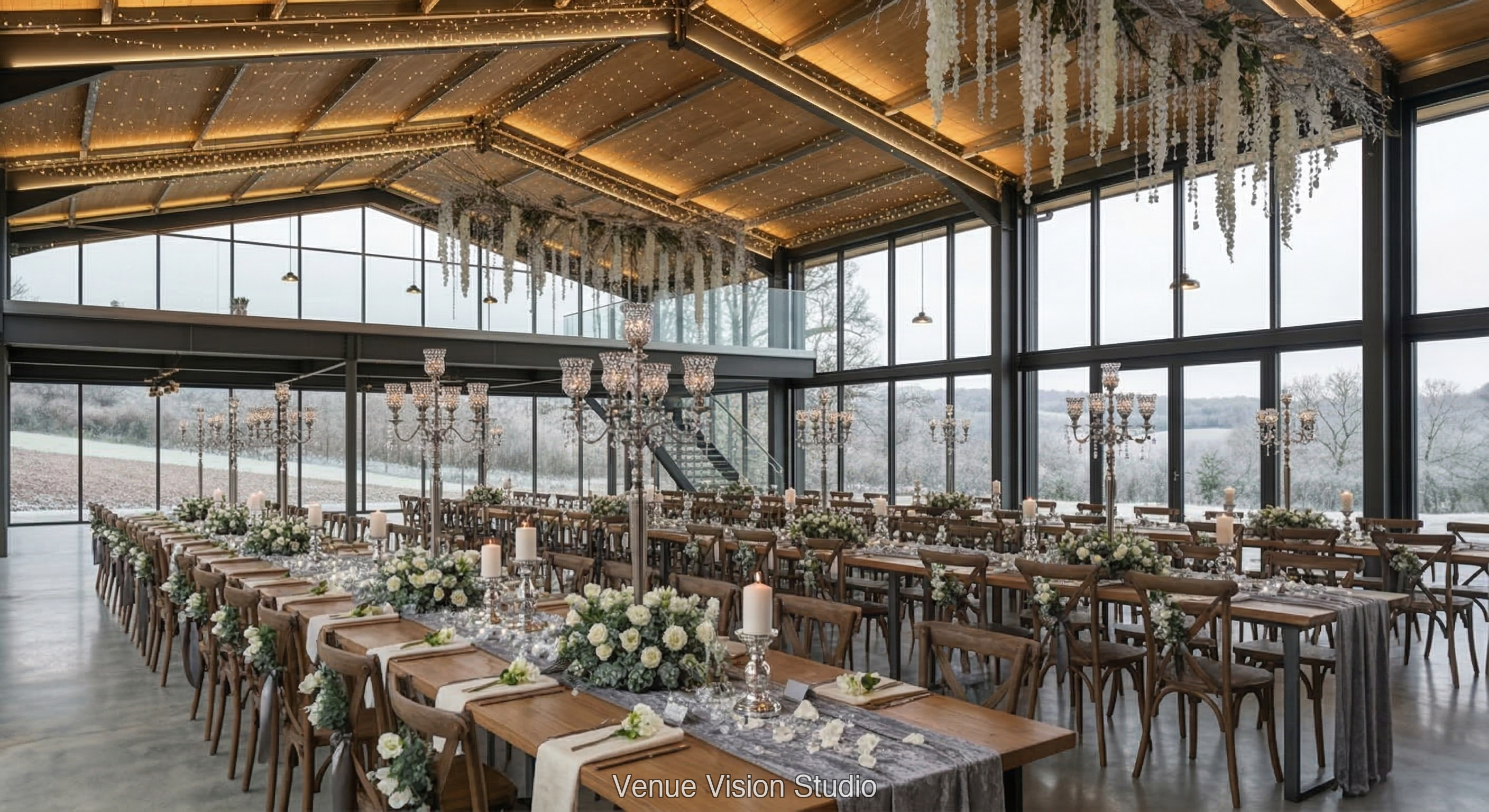 Clearview Barn - Reception Room - Winter Wonderland wedding theme - AI Visualisation