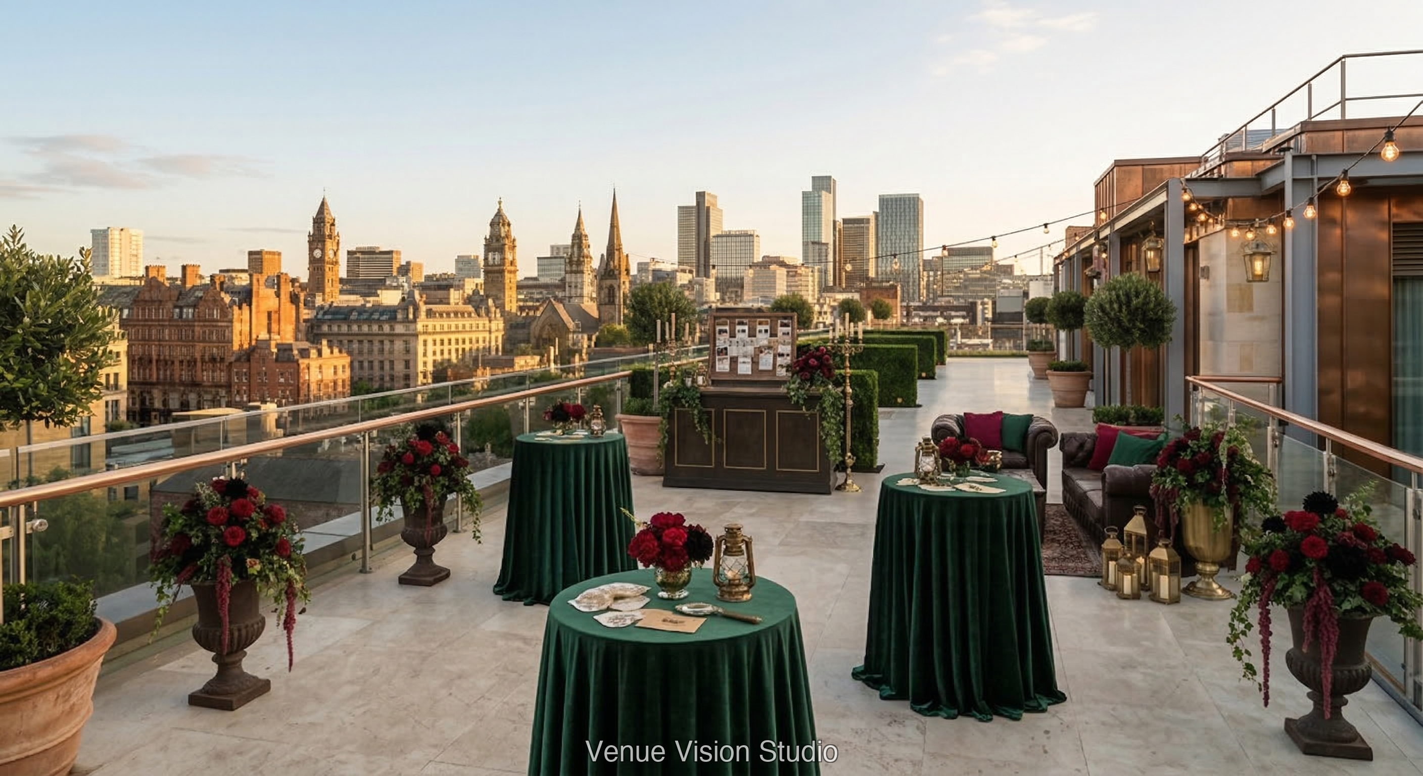 The Coppergate Hotel - Outdoor Drinks Reception - Murder Mystery wedding theme - AI Visualisation