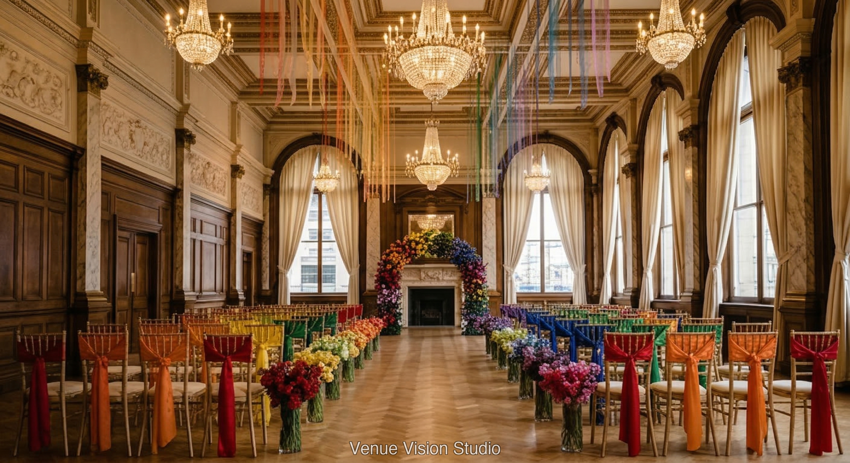 The Coppergate Hotel - Ceremony Room - True Colours wedding theme - AI Visualisation