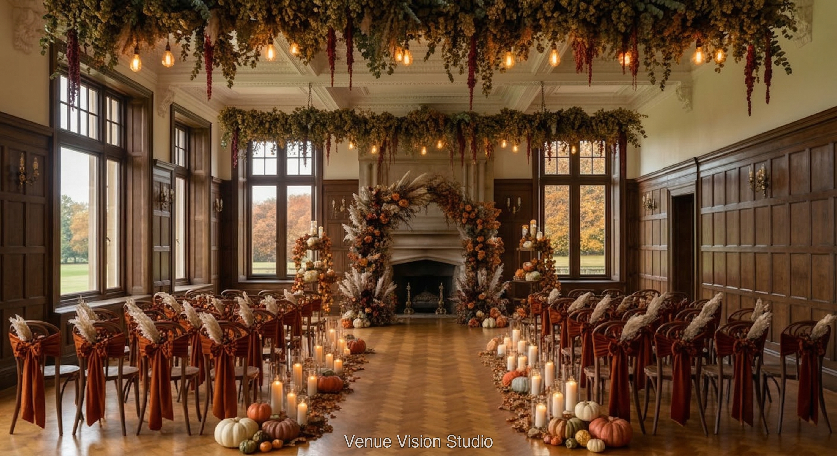 Coppergate Links - Ceremony Room - Autumn Harvest wedding theme - AI Visualisation