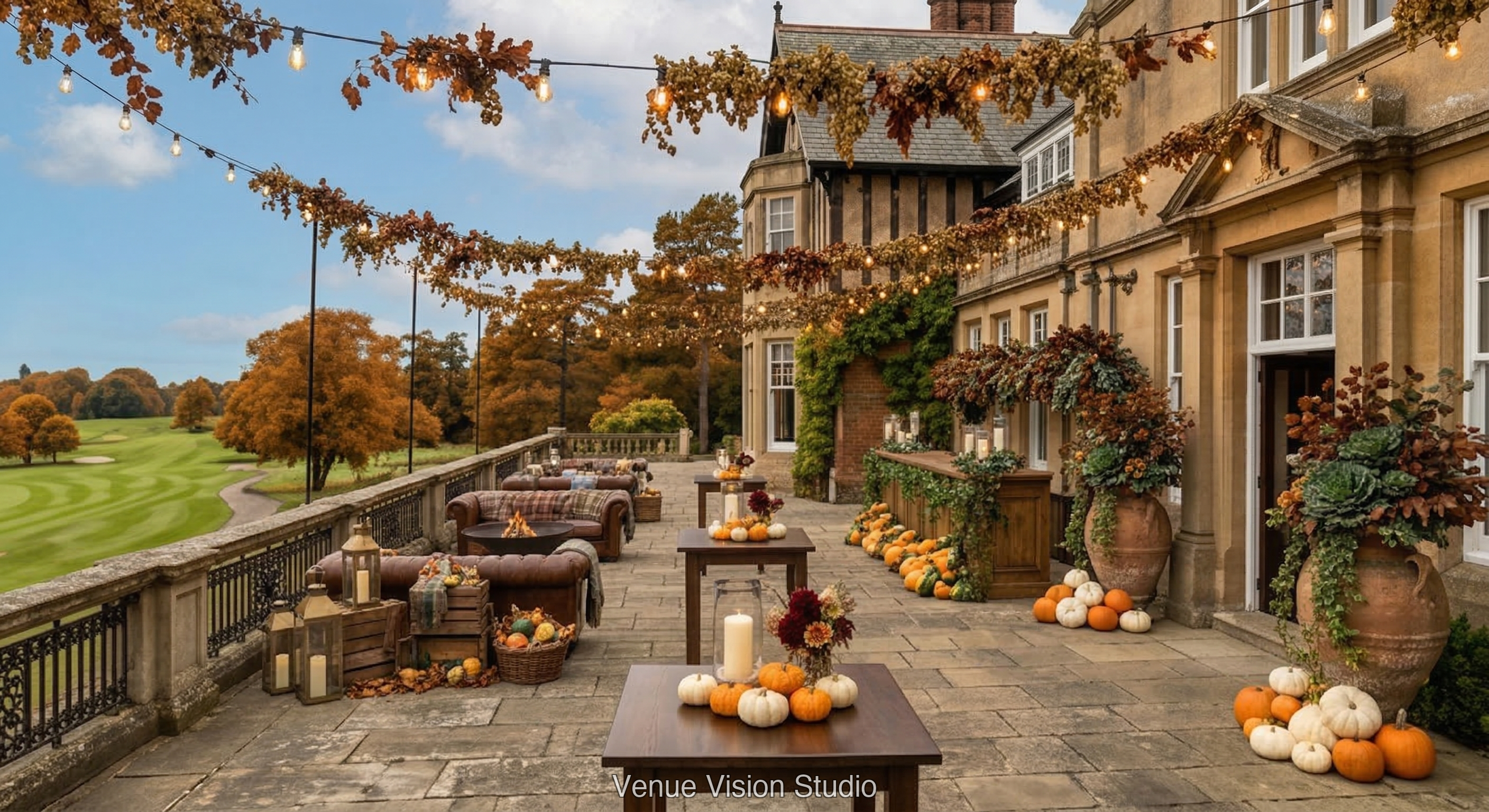 Coppergate Links - Outdoor Drinks Reception - Autumn Harvest wedding theme - AI Visualisation
