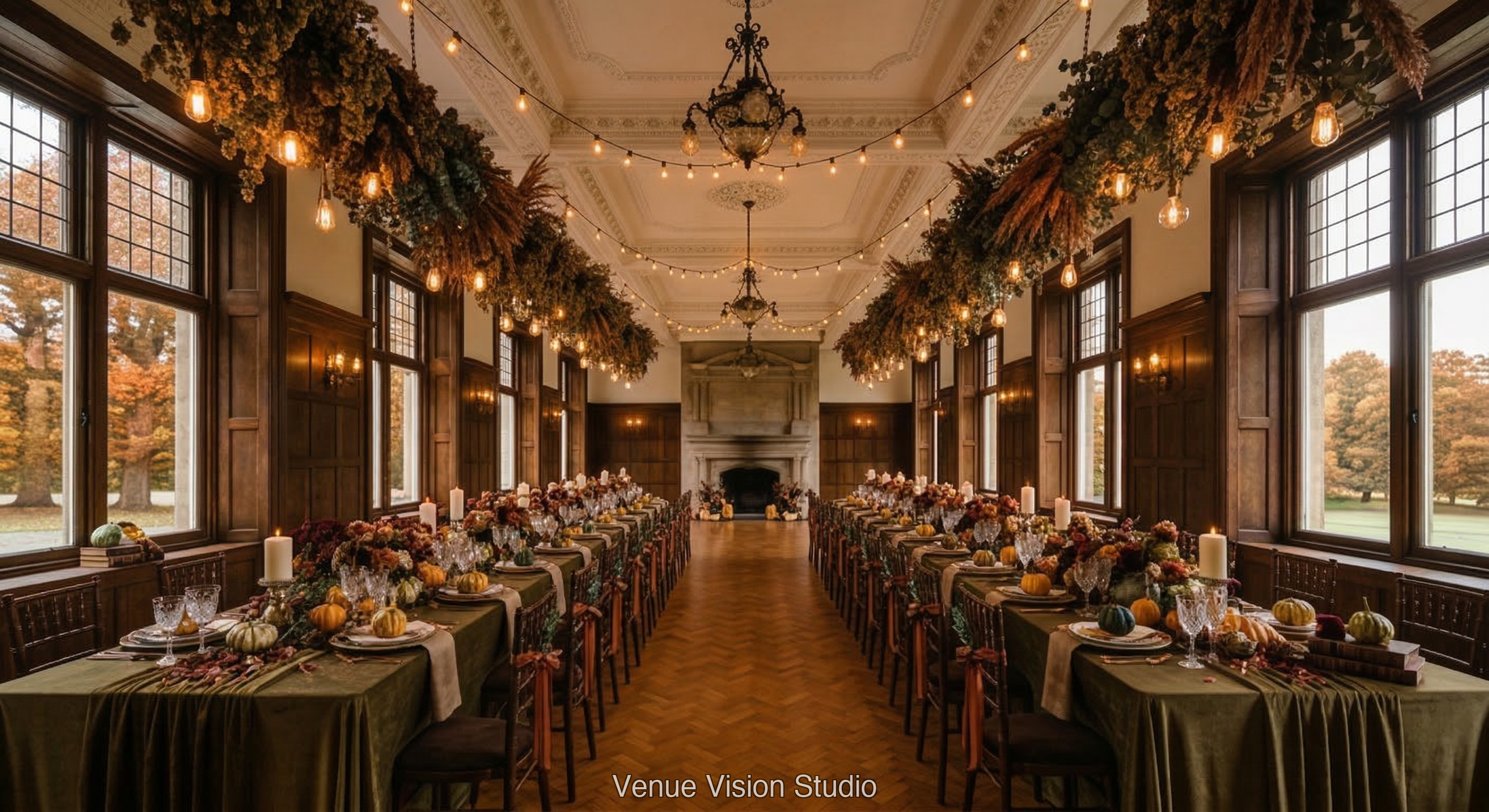 Coppergate Links - Reception Room - Autumn Harvest wedding theme - AI Visualisation