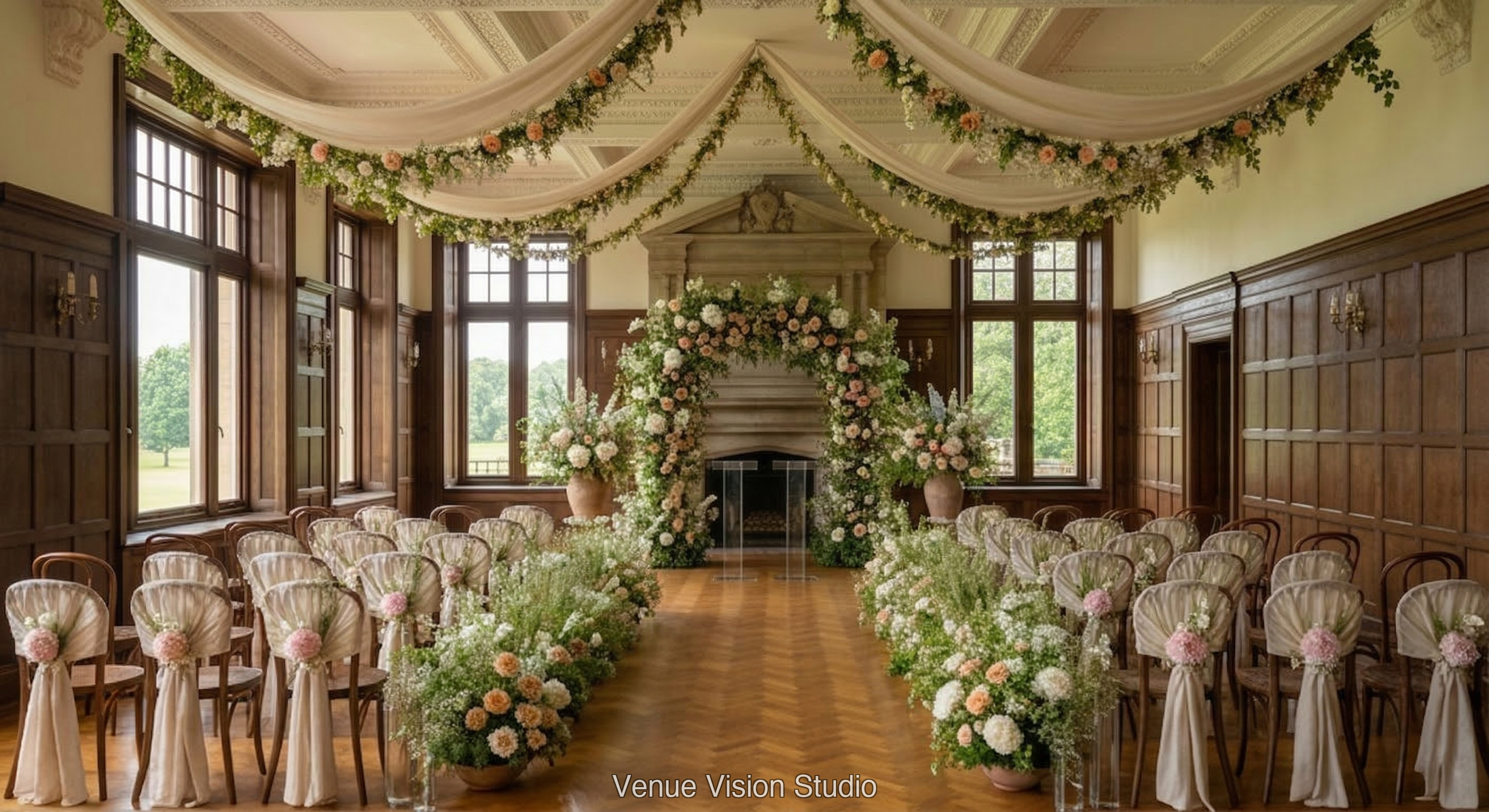 Coppergate Links - Ceremony Room - Midsummer wedding theme - AI Visualisation
