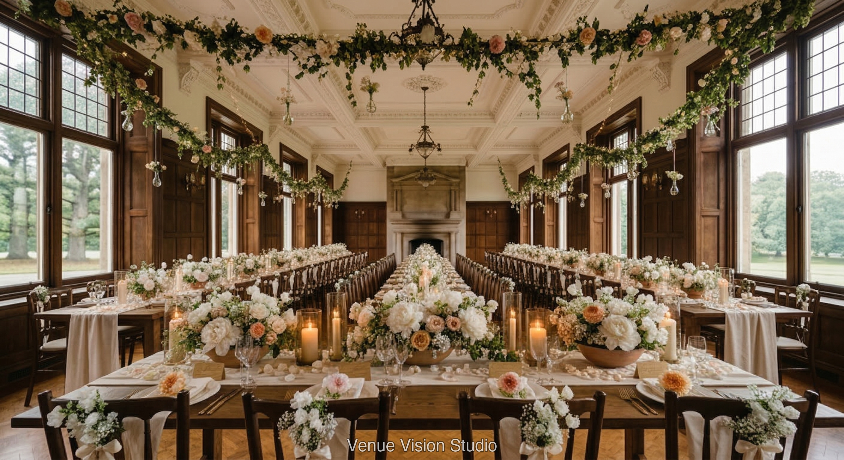 Coppergate Links - Reception Room - Midsummer wedding theme - AI Visualisation