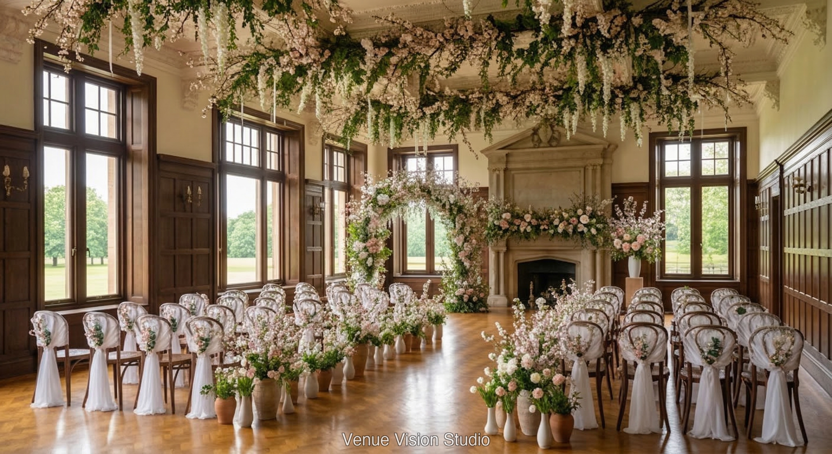Coppergate Links - Ceremony Room - Spring Blossom wedding theme - AI Visualisation