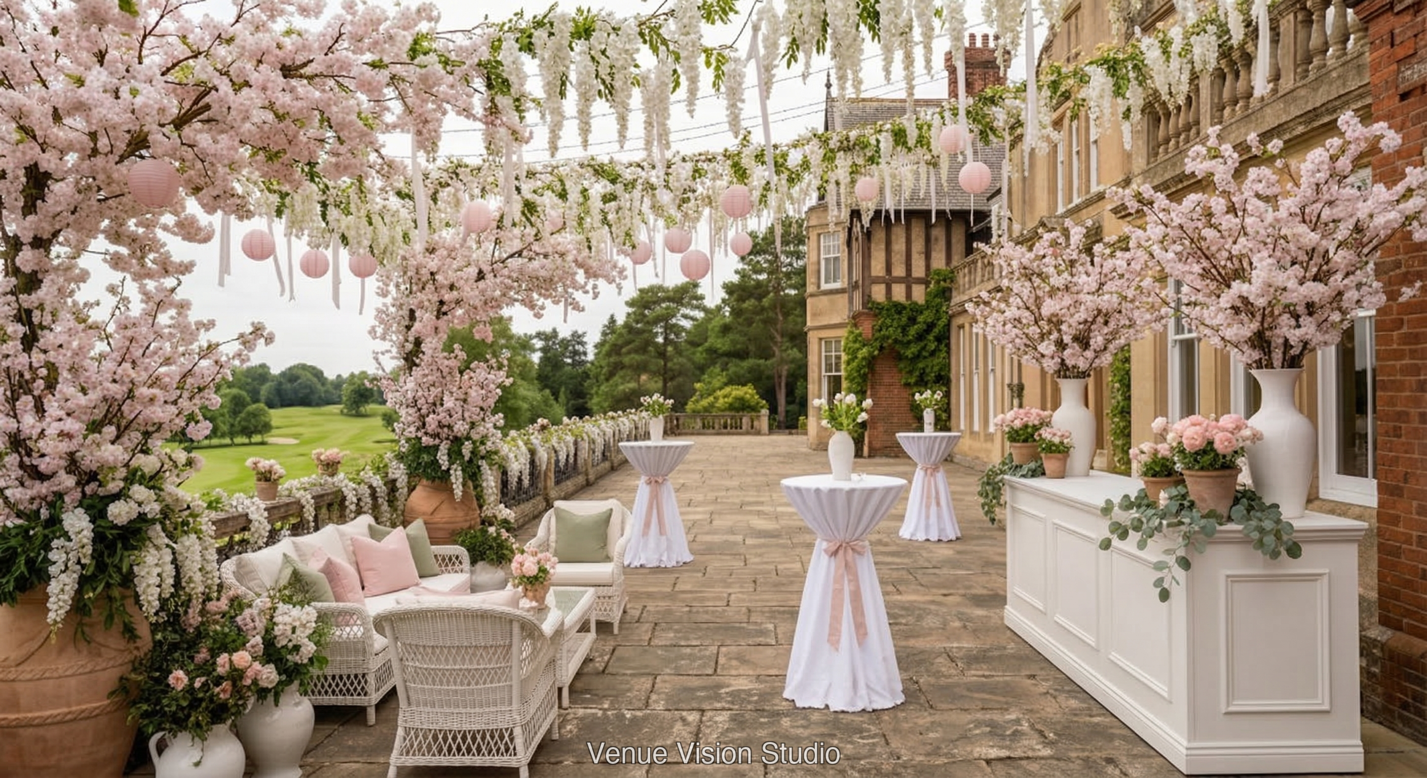 Coppergate Links - Outdoor Drinks Reception - Spring Blossom wedding theme - AI Visualisation