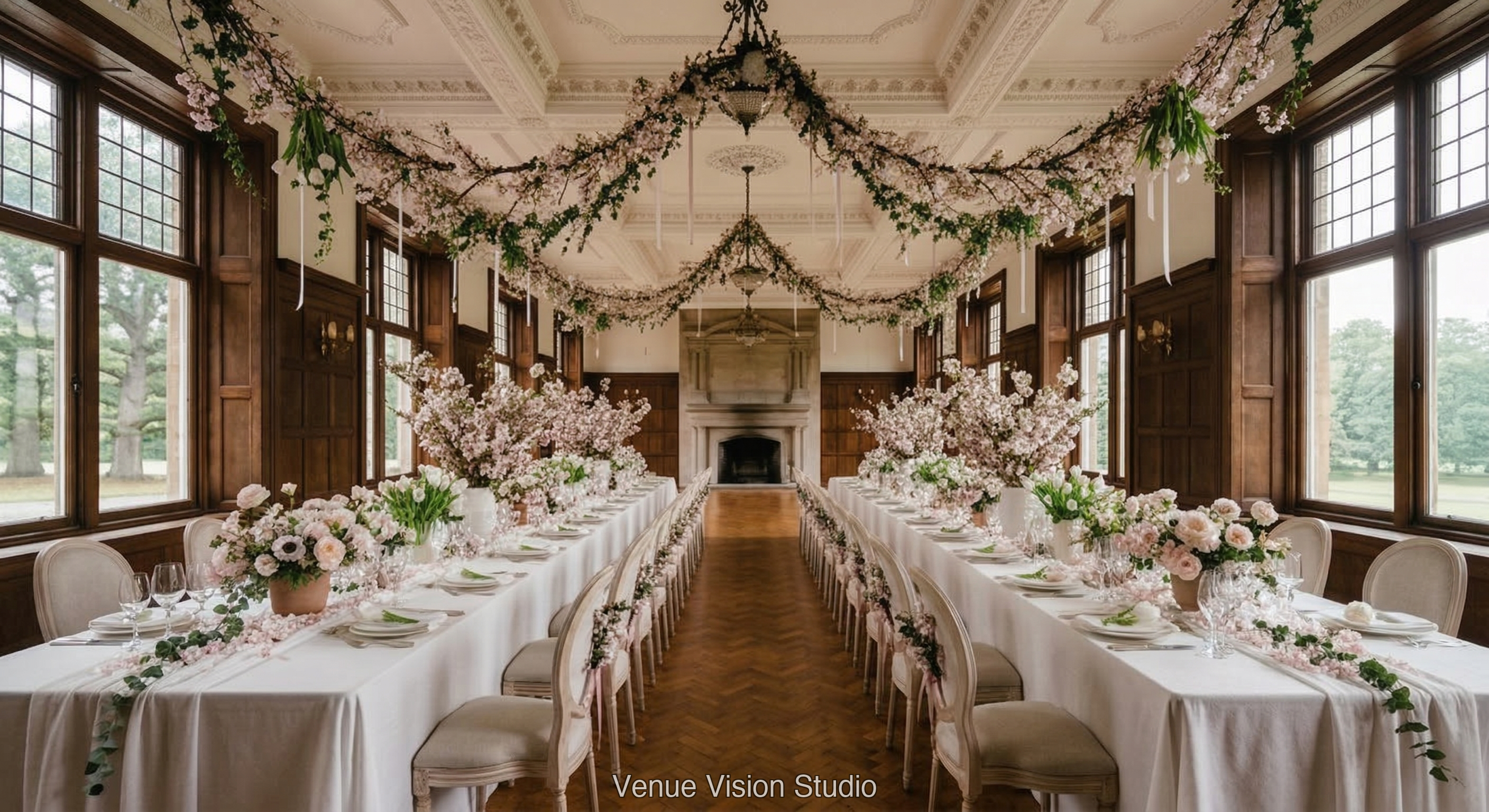 Coppergate Links - Reception Room - Spring Blossom wedding theme - AI Visualisation