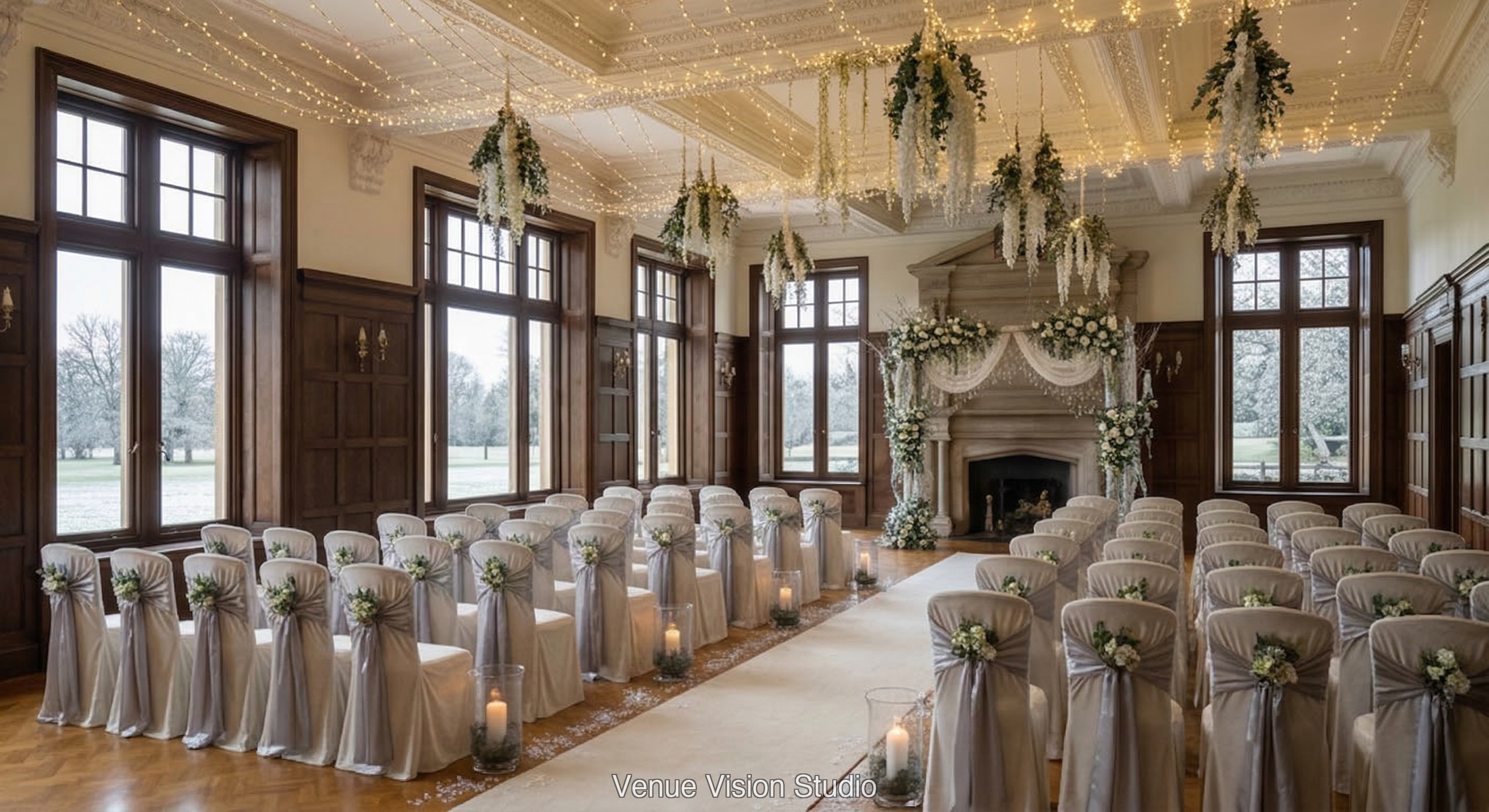 Coppergate Links - Ceremony Room - Winter Wonderland wedding theme - AI Visualisation