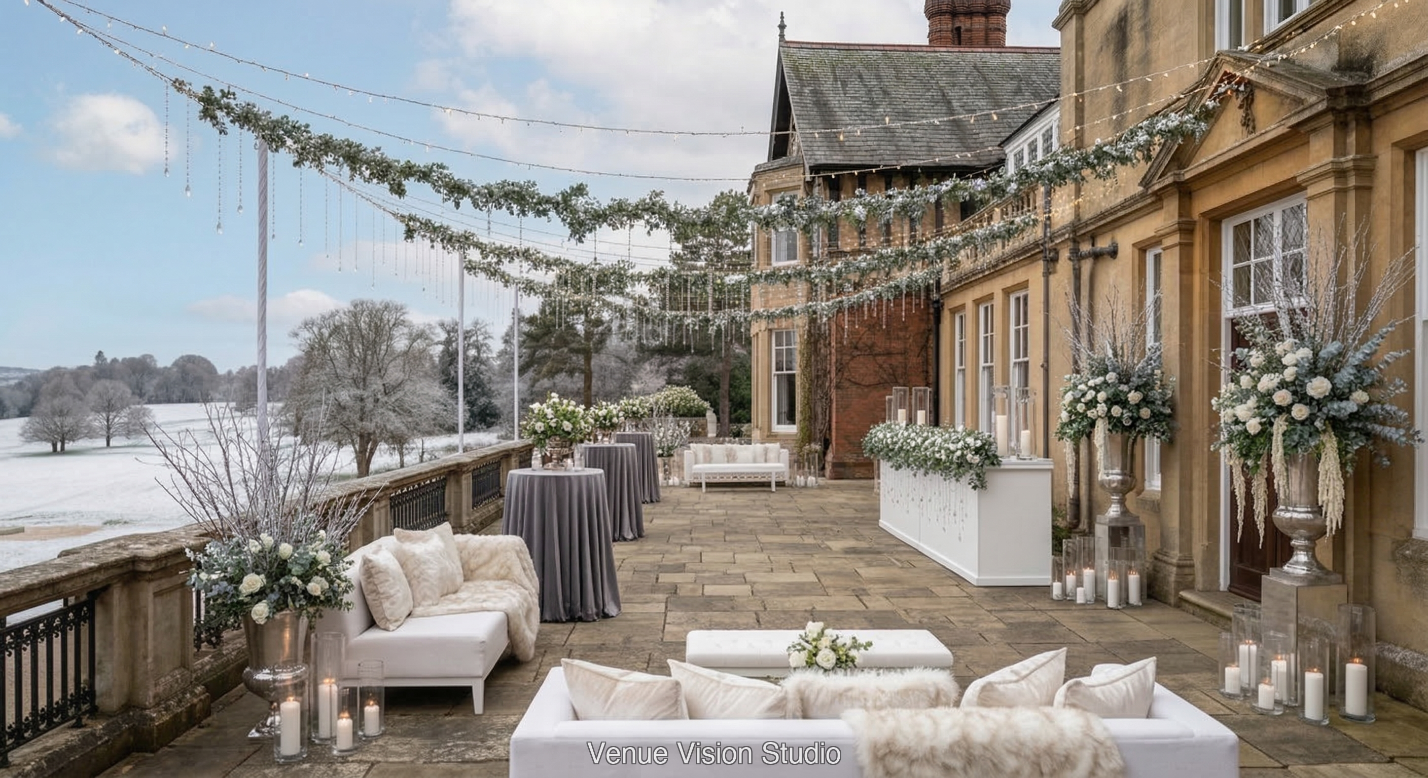 Coppergate Links - Outdoor Drinks Reception - Winter Wonderland wedding theme - AI Visualisation