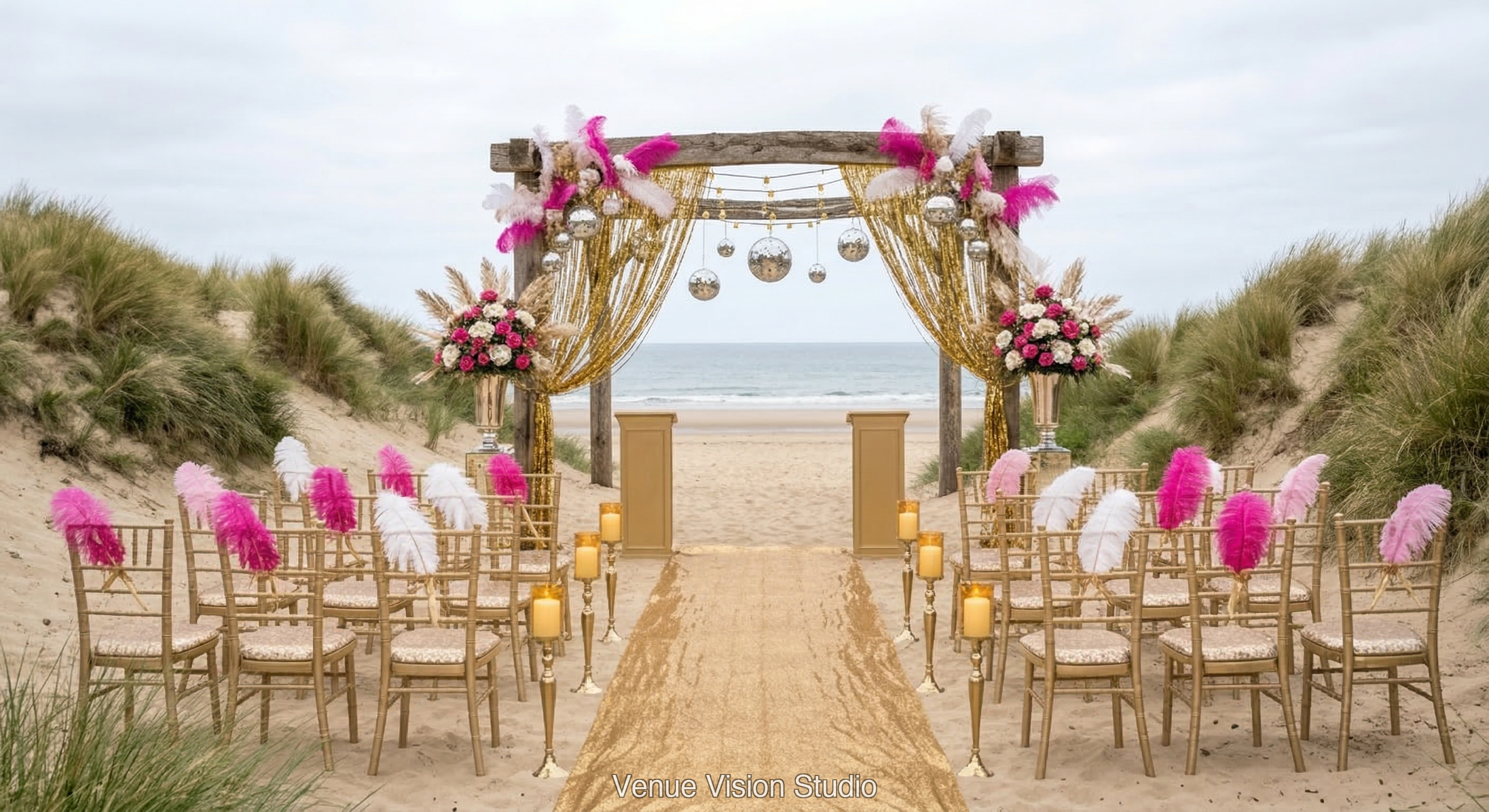 Dune Crest - Ceremony Room - Disco Groovy wedding theme - AI Visualisation