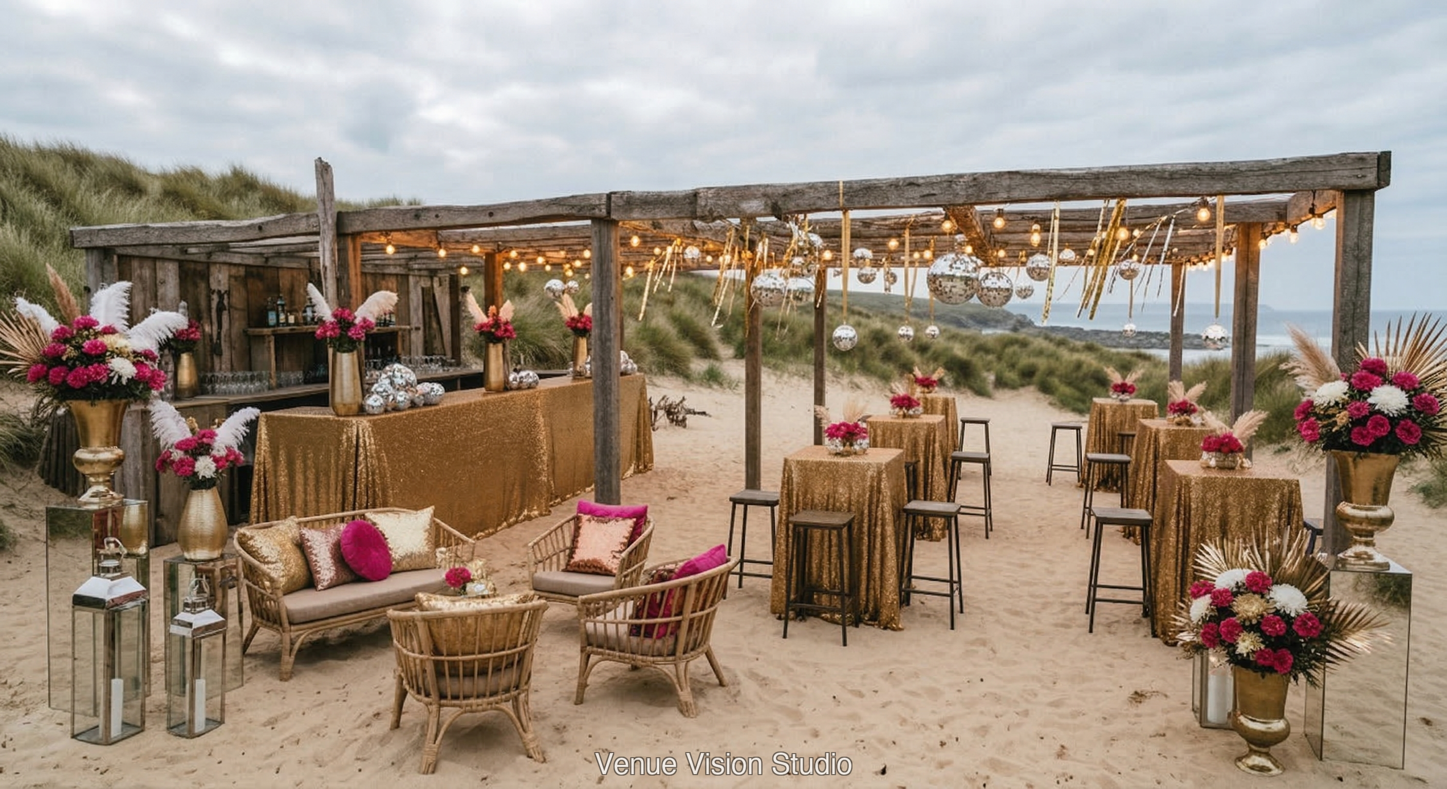 Dune Crest - Outdoor Drinks Reception - Disco Groovy wedding theme - AI Visualisation