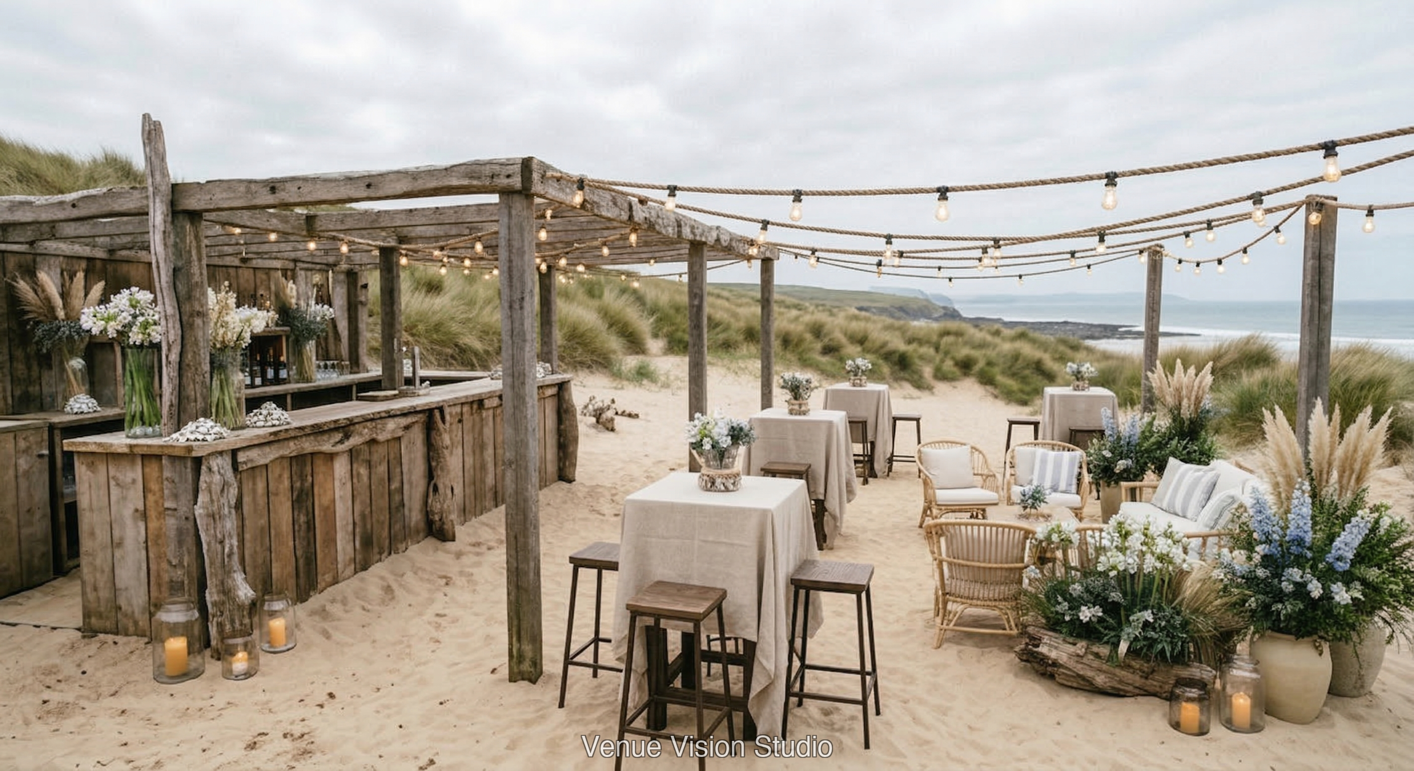 Dune Crest - Outdoor Drinks Reception - Summer Coastal wedding theme - AI Visualisation