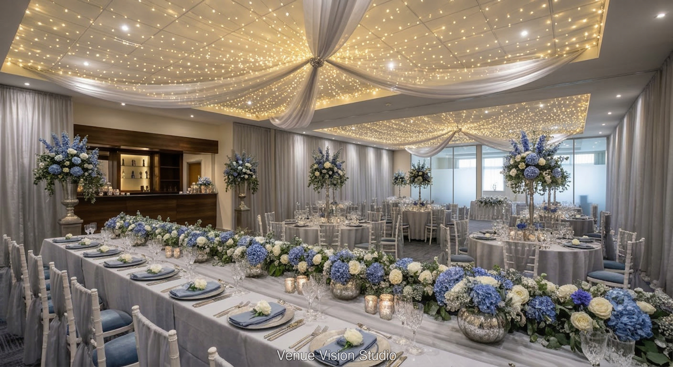 Elmside Hotel - Function Room — Reception - Dusty Blue & Silver wedding theme - AI Visualisation
