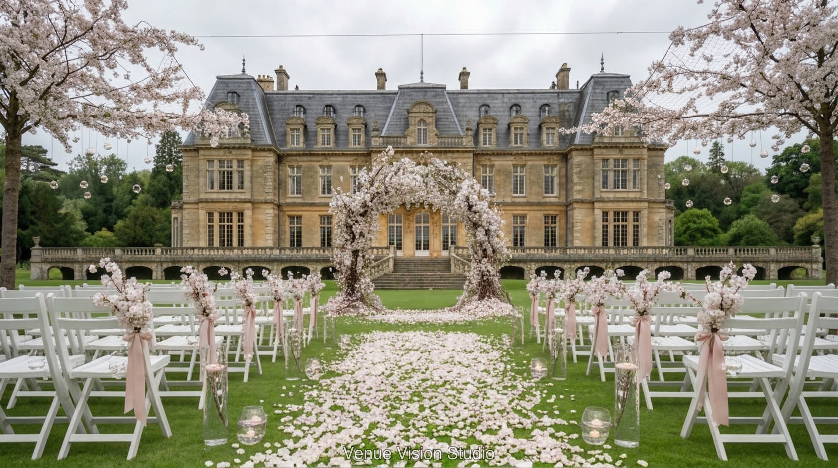 Harrington Court - Outdoor Space (Ceremony) - Cherry Blossom wedding theme - AI Visualisation