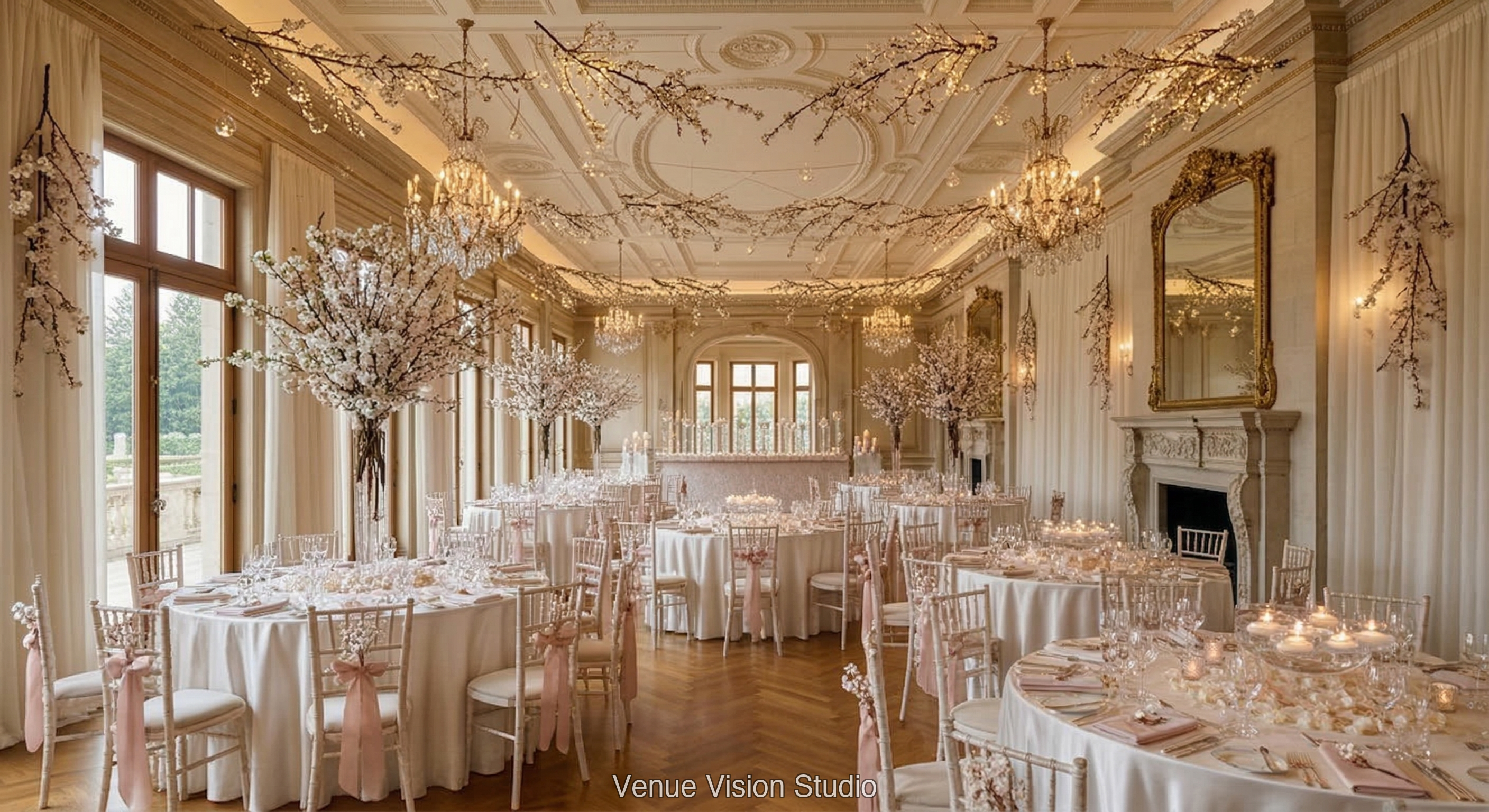 Harrington Court - Reception Room - Cherry Blossom wedding theme - AI Visualisation