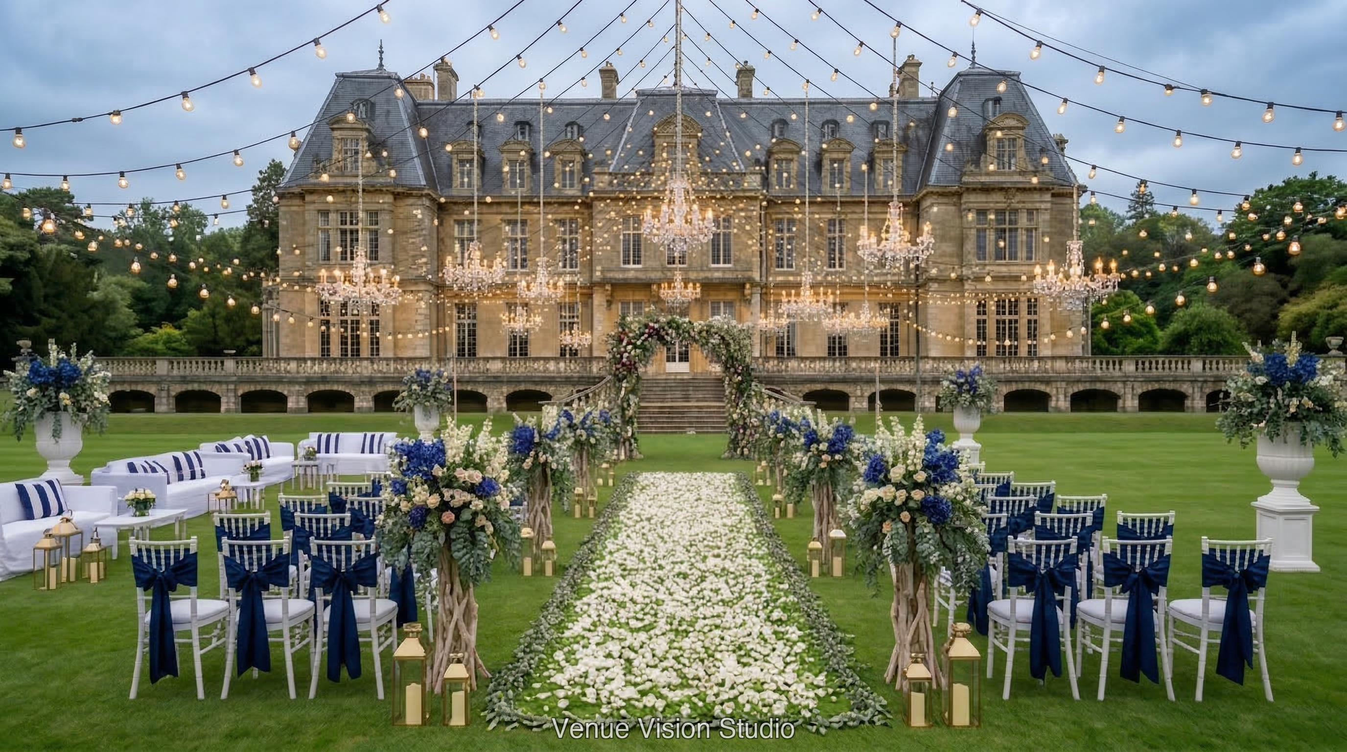 Harrington Court - Outdoor Space (Ceremony) - French Riviera wedding theme - AI Visualisation