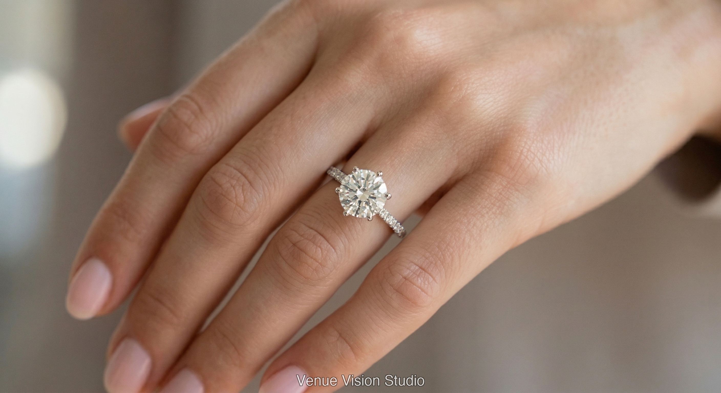Diamond engagement ring staged on a hand
