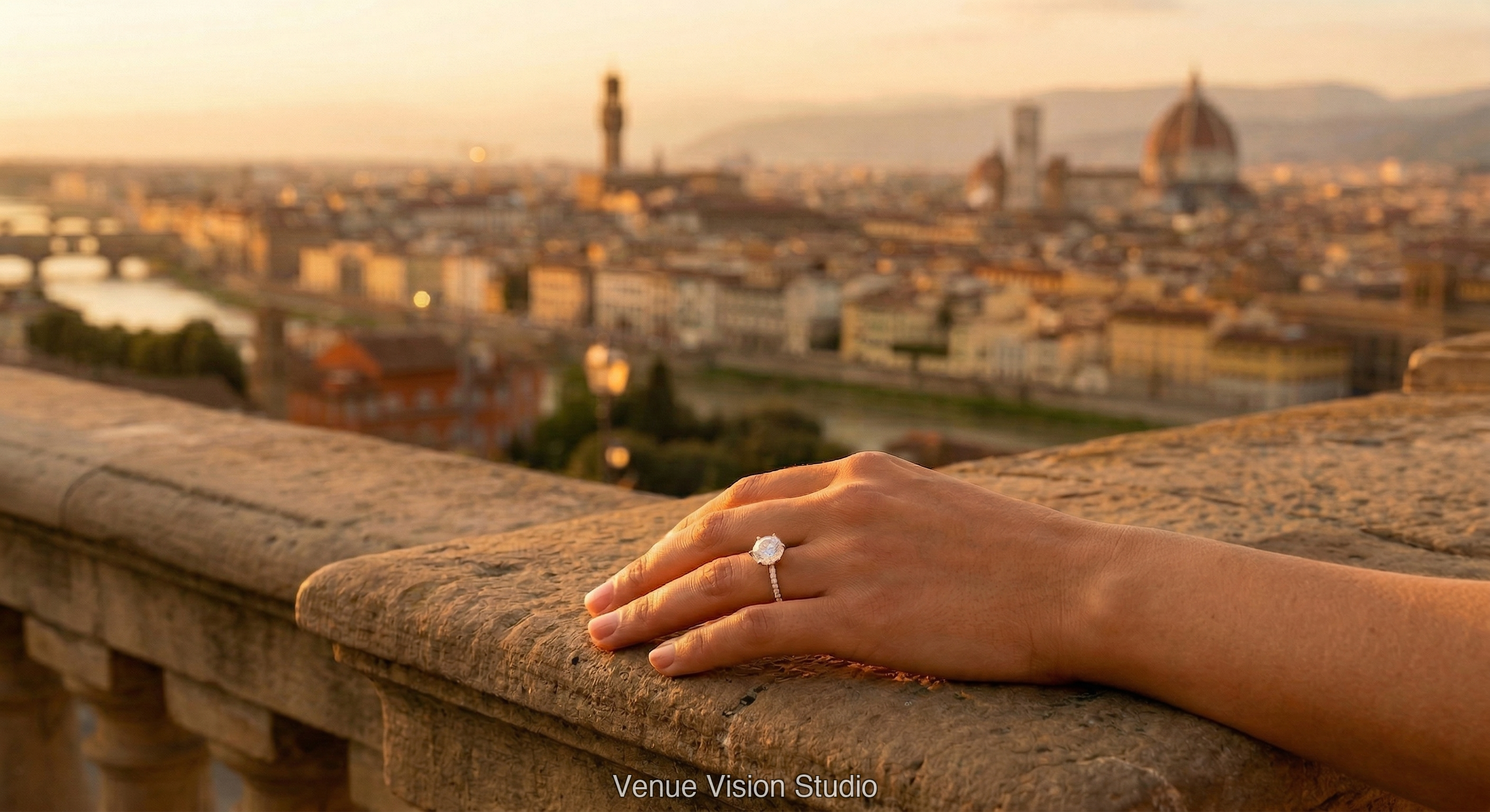 Engagement ring on hand with city skyline at golden hour - AI Visualisation