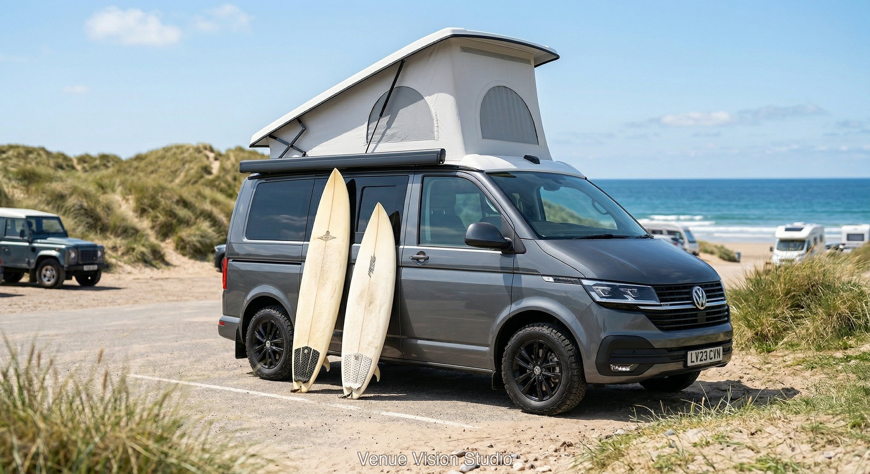 Campervan staged at the beach with surfboards - AI Visualisation