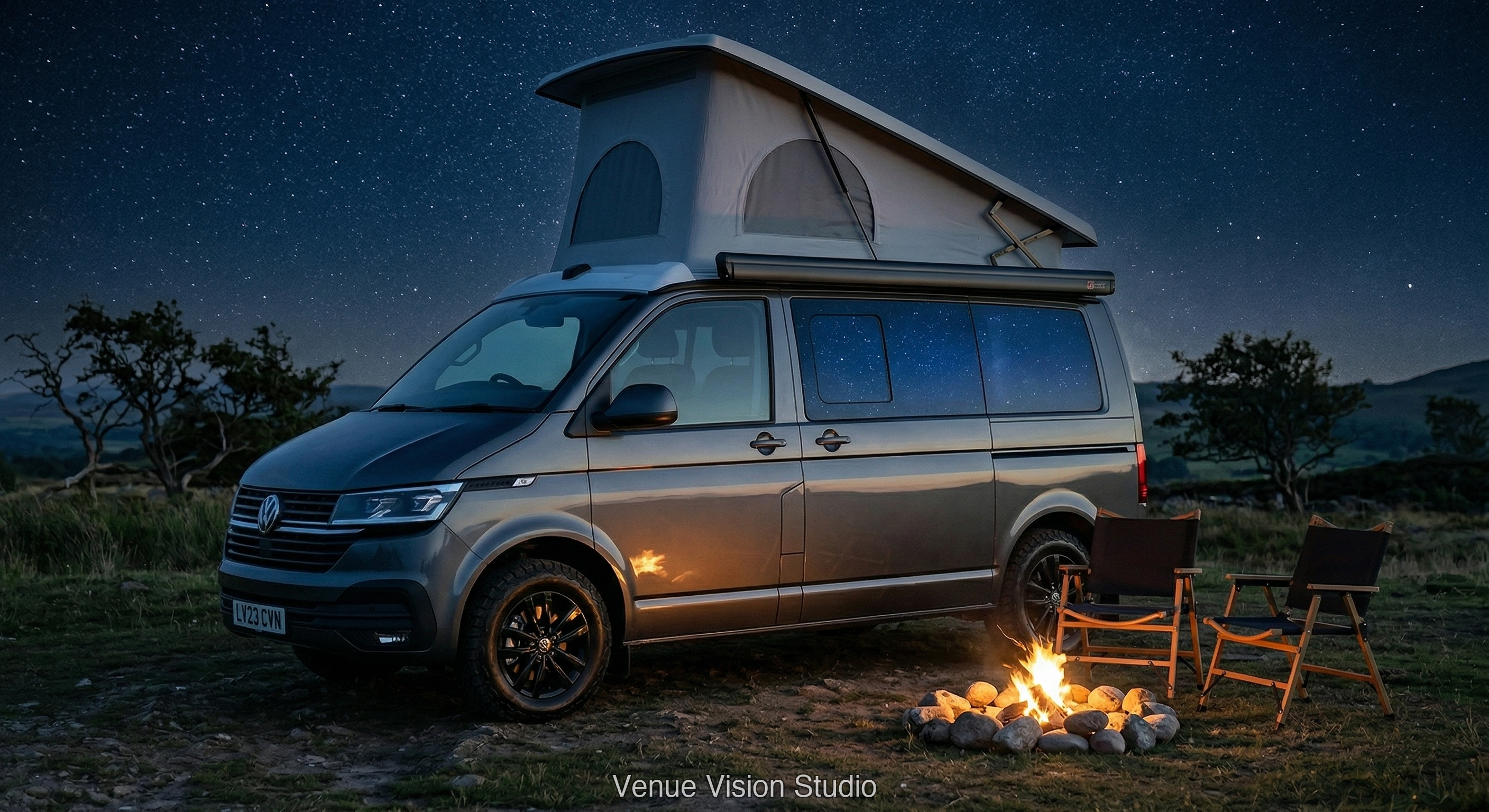 Campervan under a starry night sky