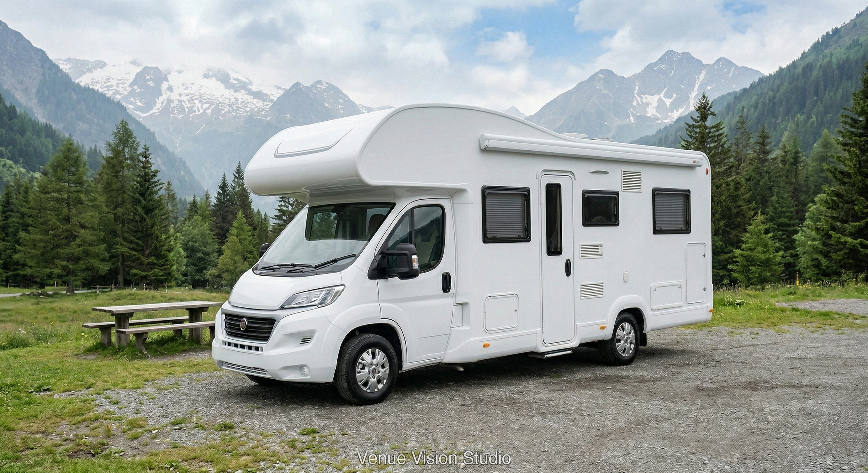Motorhome at a mountain campsite