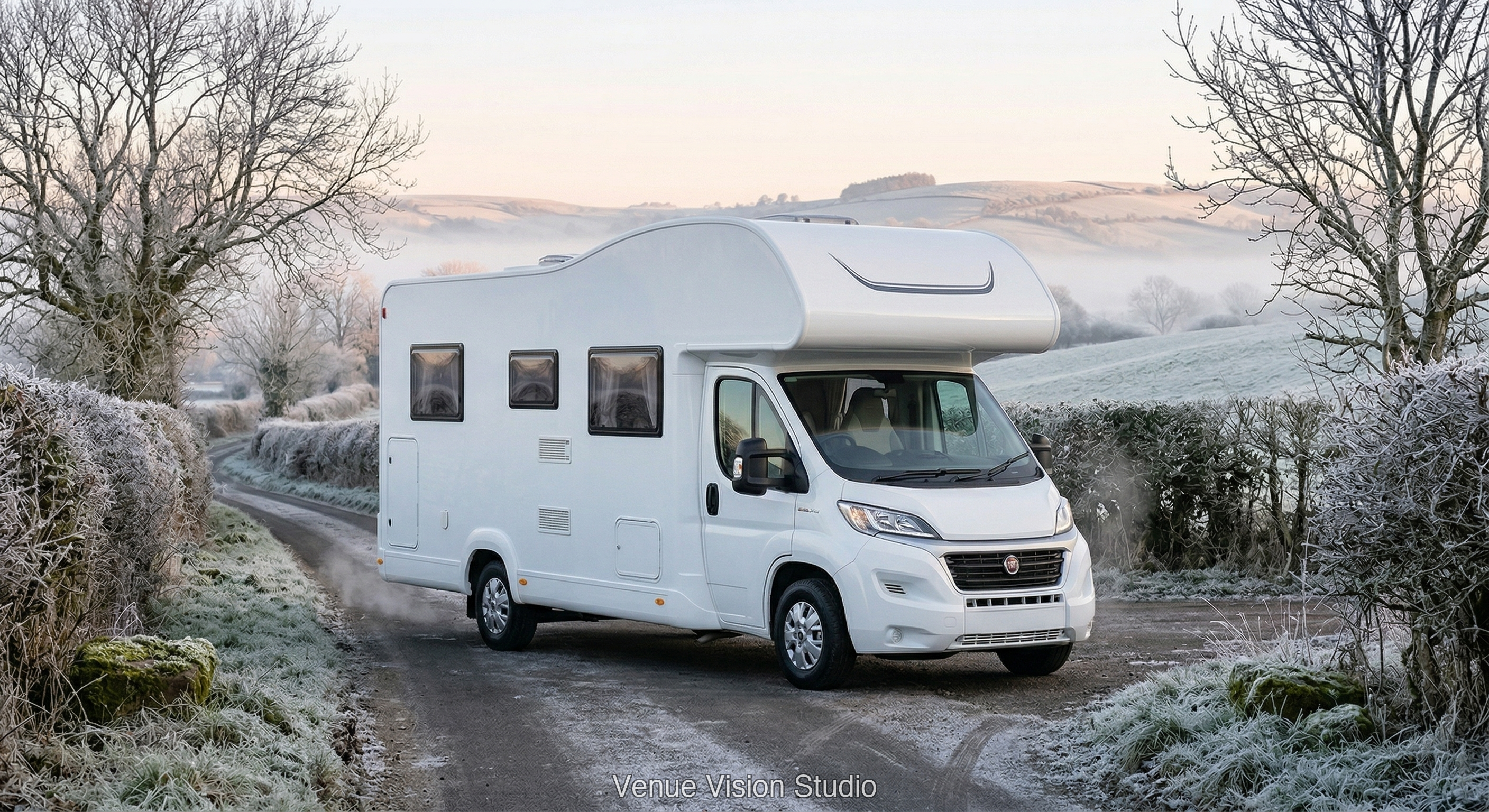 Motorhome on a frosty winter countryside lane