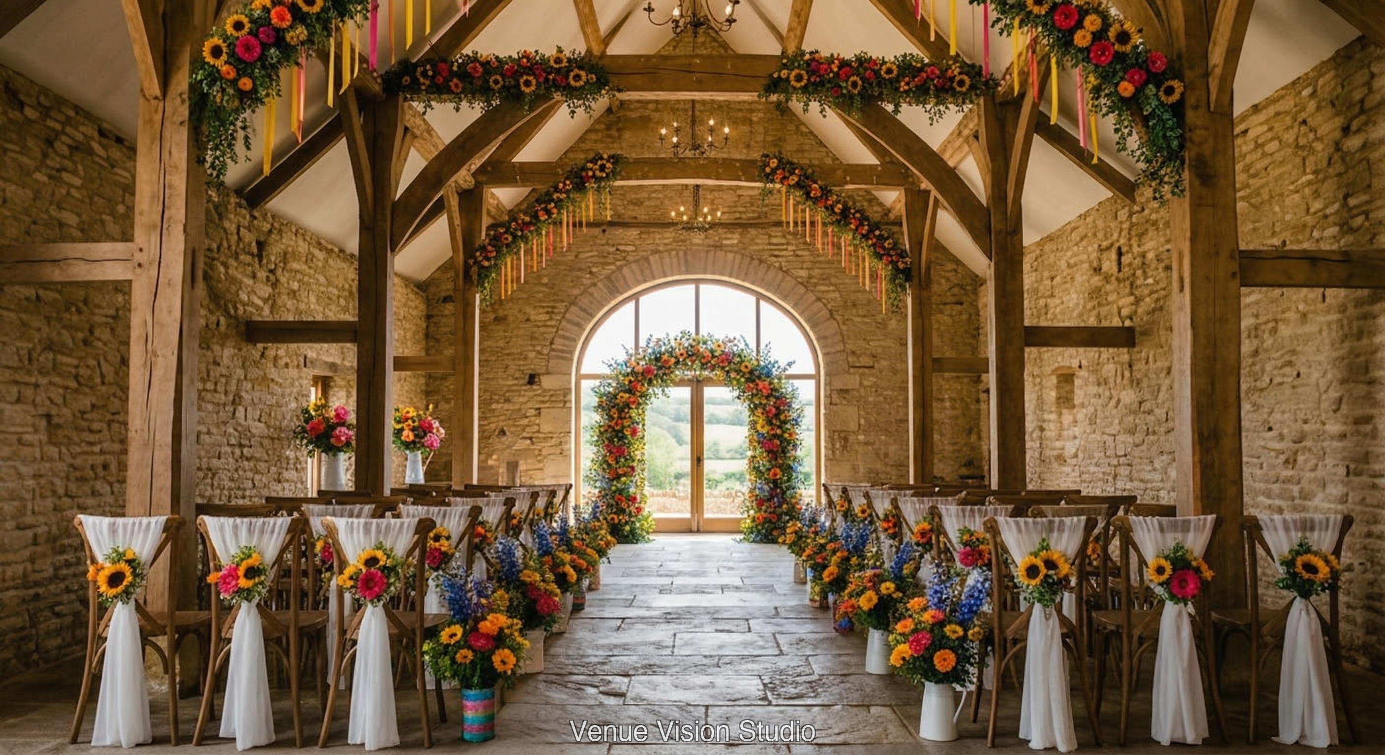 Meadowbrook Barn - Ceremony Room - Bright Wildflower wedding theme - AI Visualisation