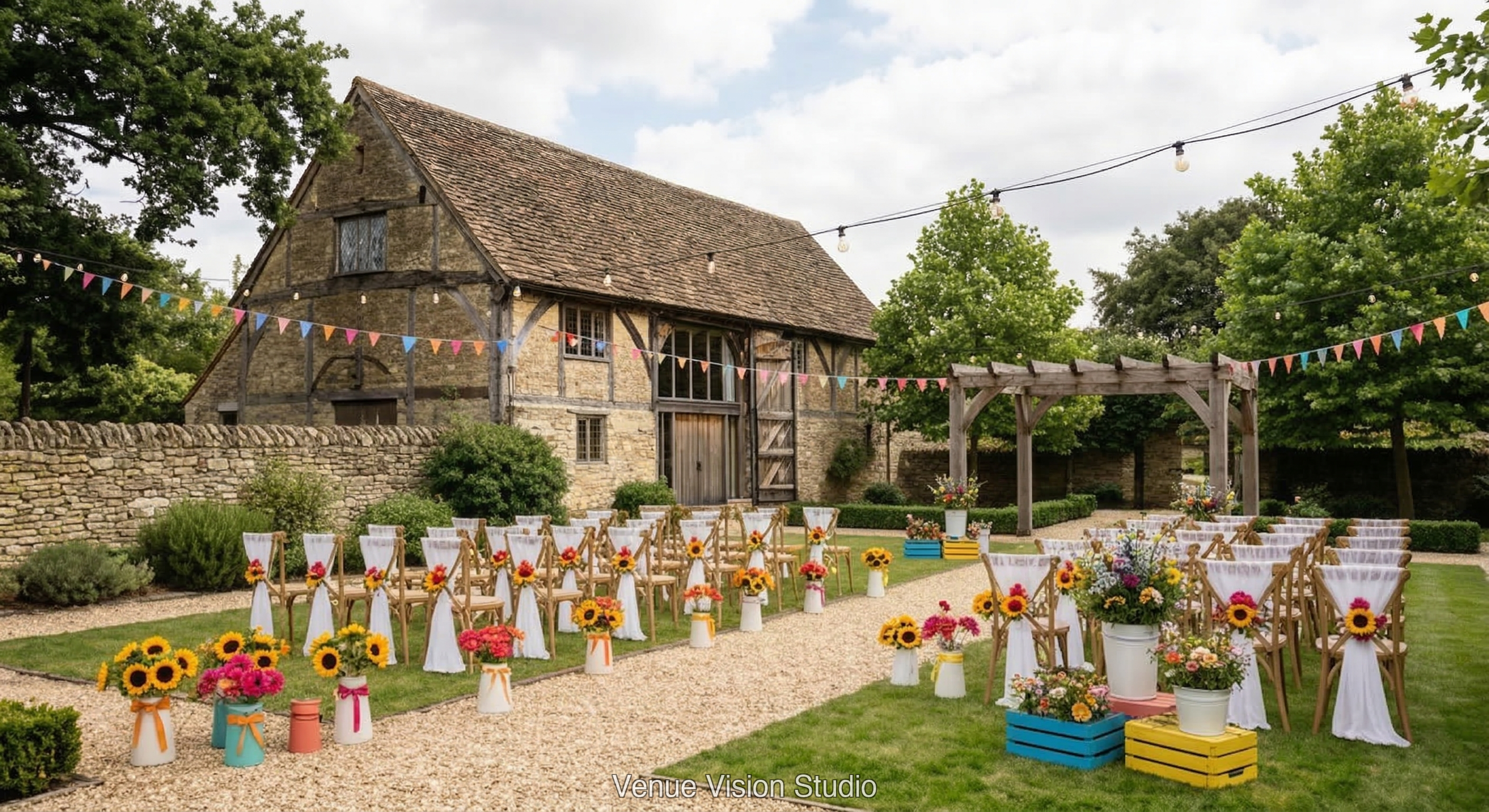 Meadowbrook Barn - Outdoor Space - Bright Wildflower wedding theme - AI Visualisation