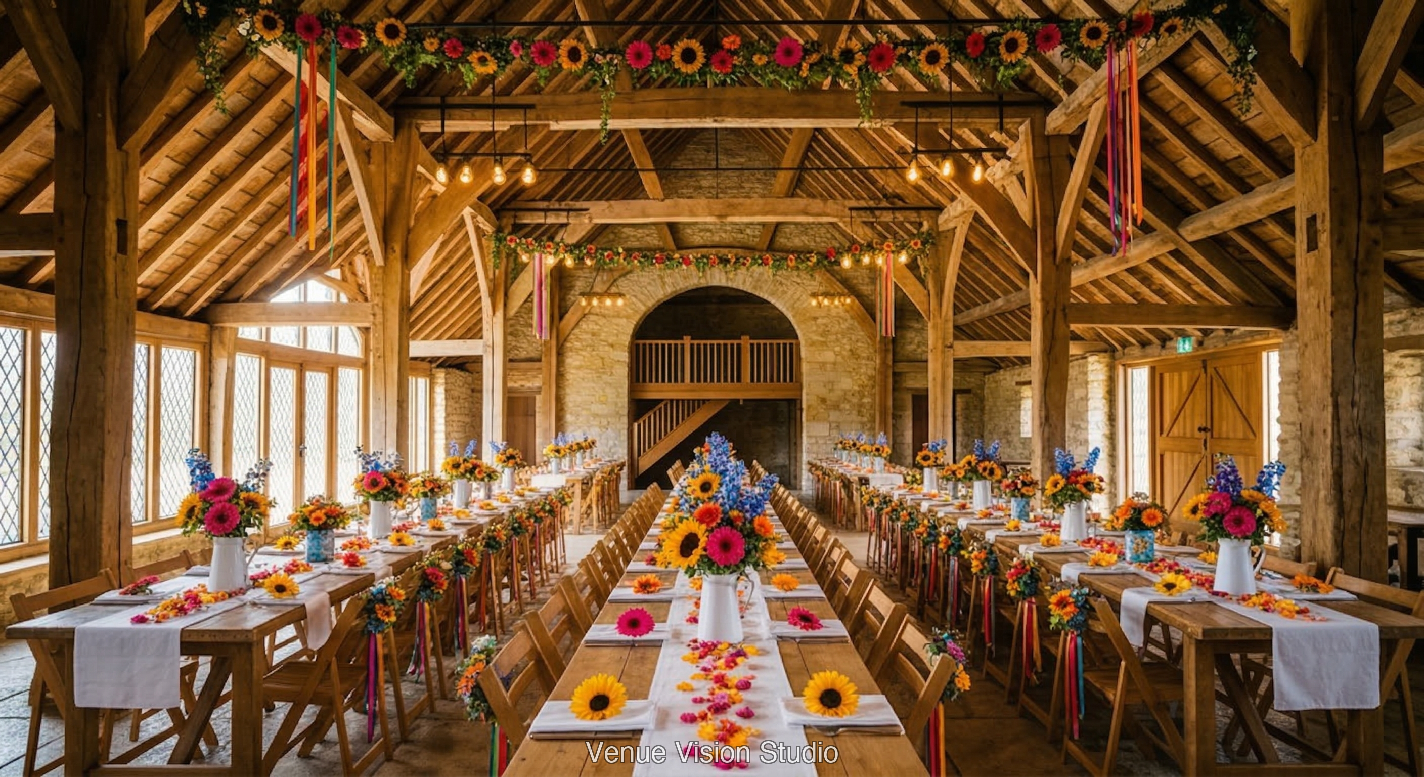 Meadowbrook Barn - Reception Room - Bright Wildflower wedding theme - AI Visualisation