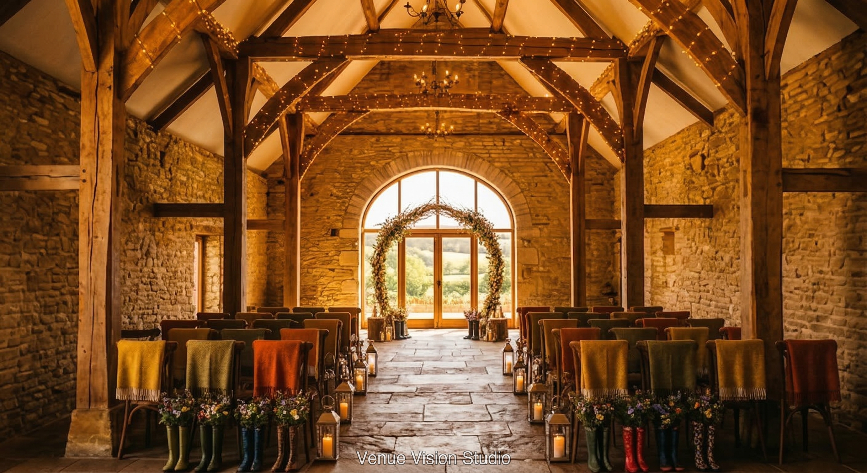 Meadowbrook Barn - Ceremony Room - Glamping wedding theme - AI Visualisation