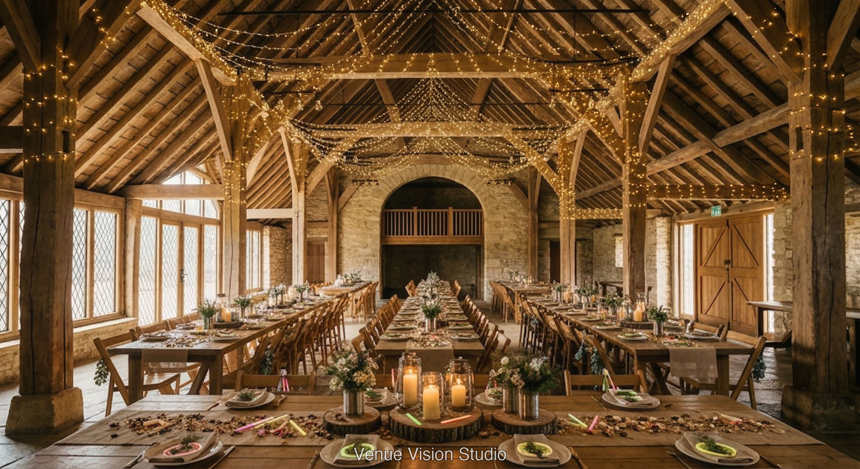 Meadowbrook Barn - Reception Room - Glamping wedding theme - AI Visualisation