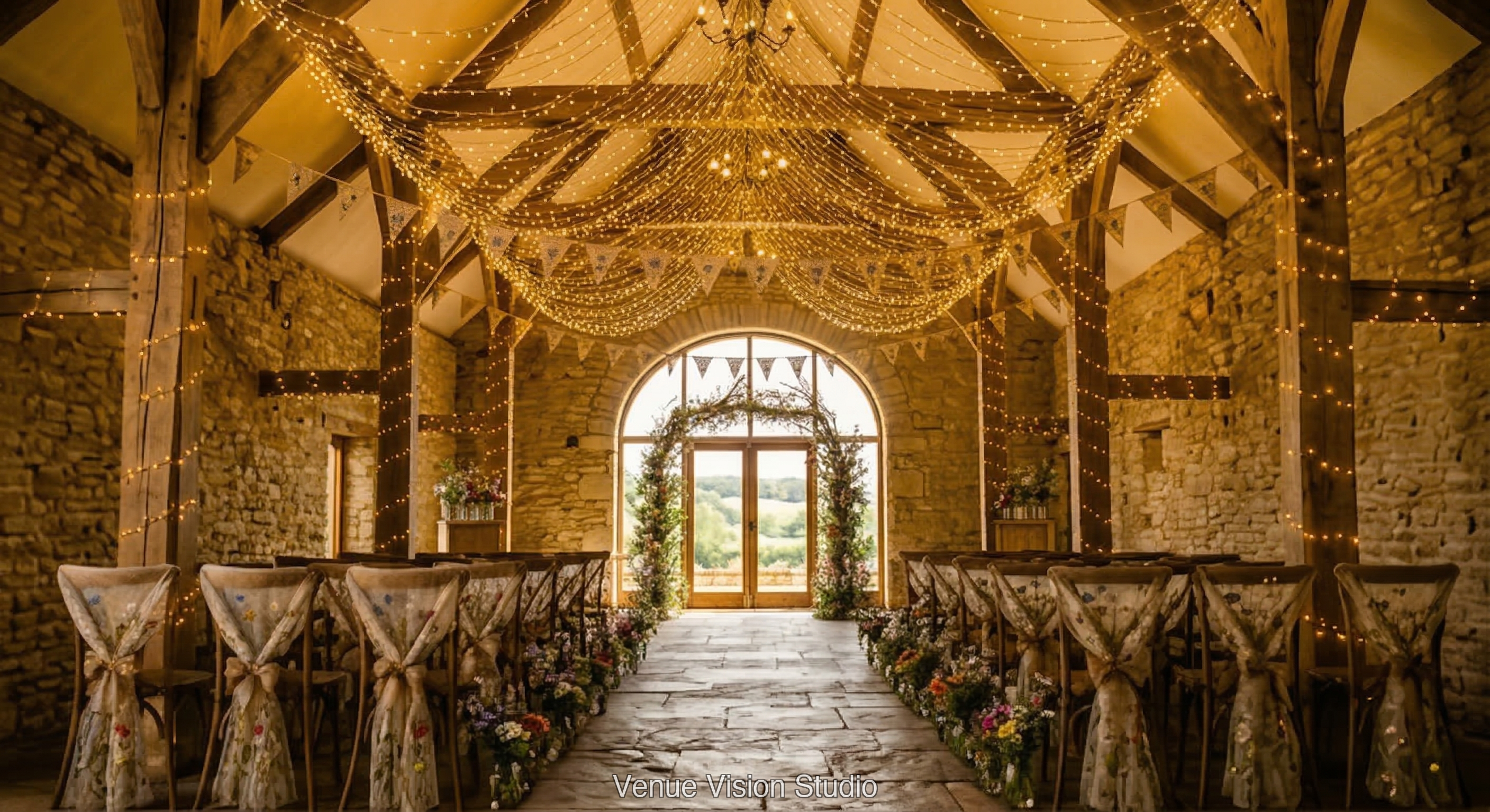 Meadowbrook Barn - Ceremony Room - Rustic Wildflower wedding theme - AI Visualisation