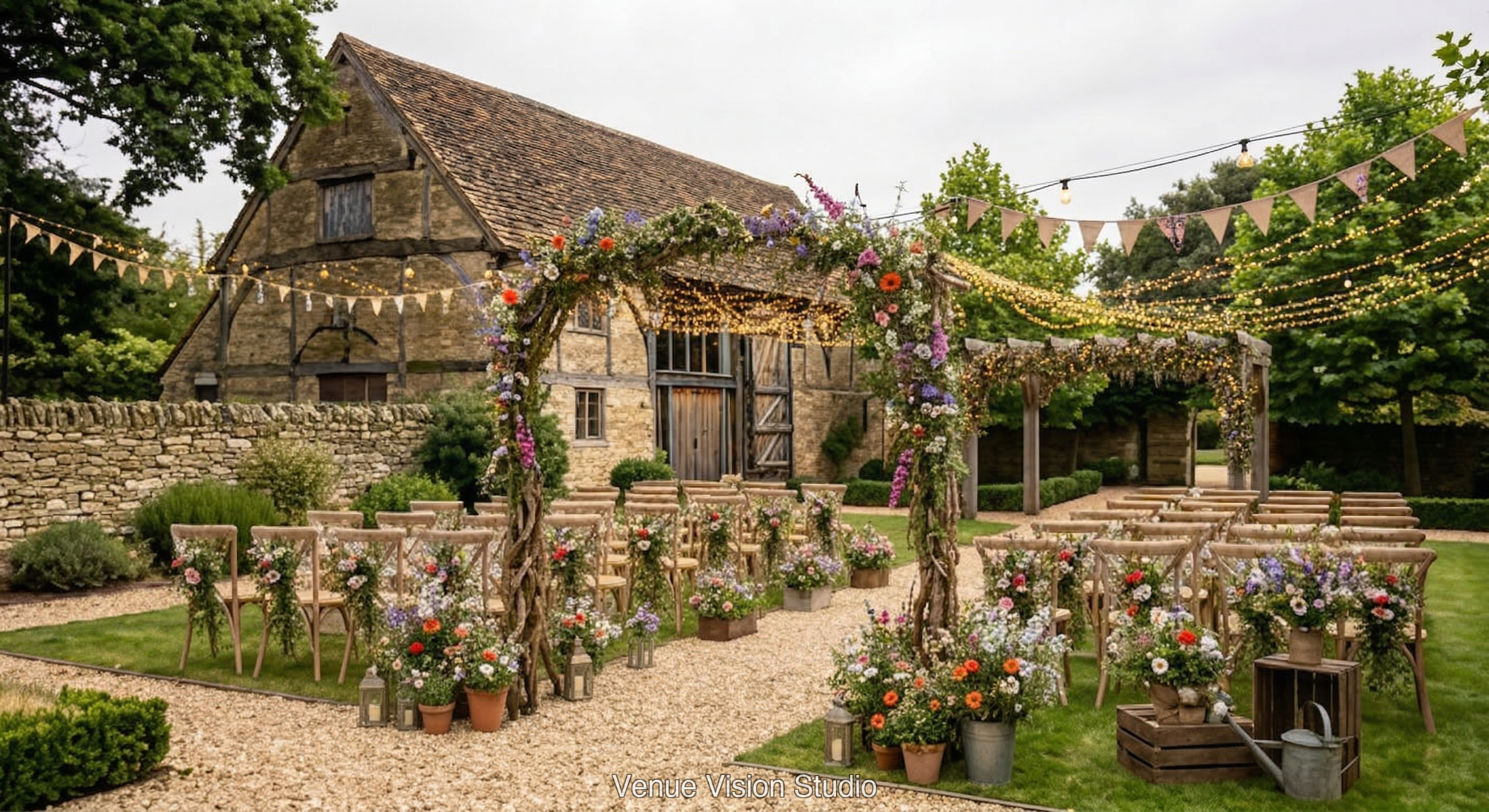 Meadowbrook Barn - Outdoor Space - Rustic Wildflower wedding theme - AI Visualisation