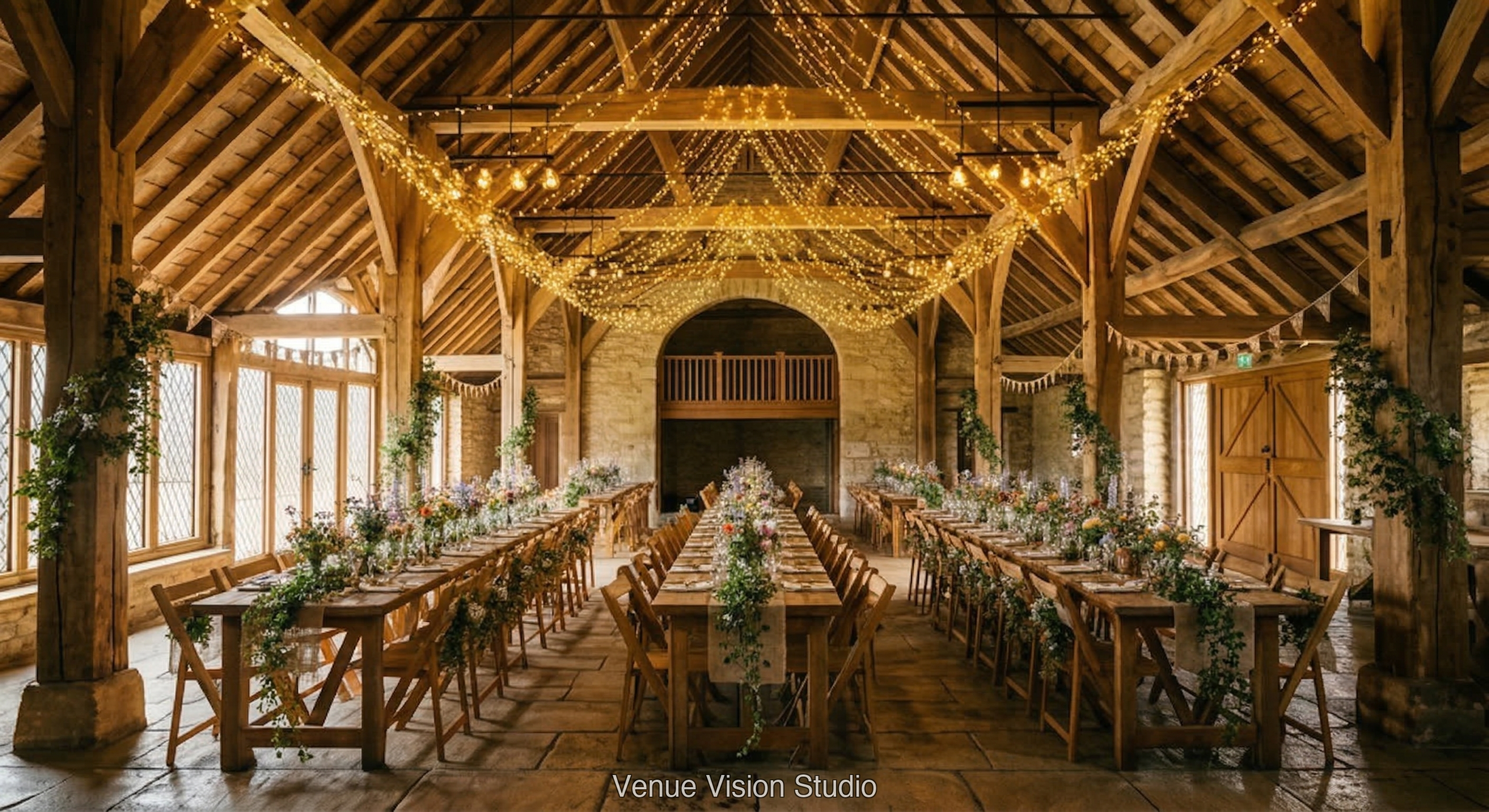 Meadowbrook Barn - Reception Room - Rustic Wildflower wedding theme - AI Visualisation